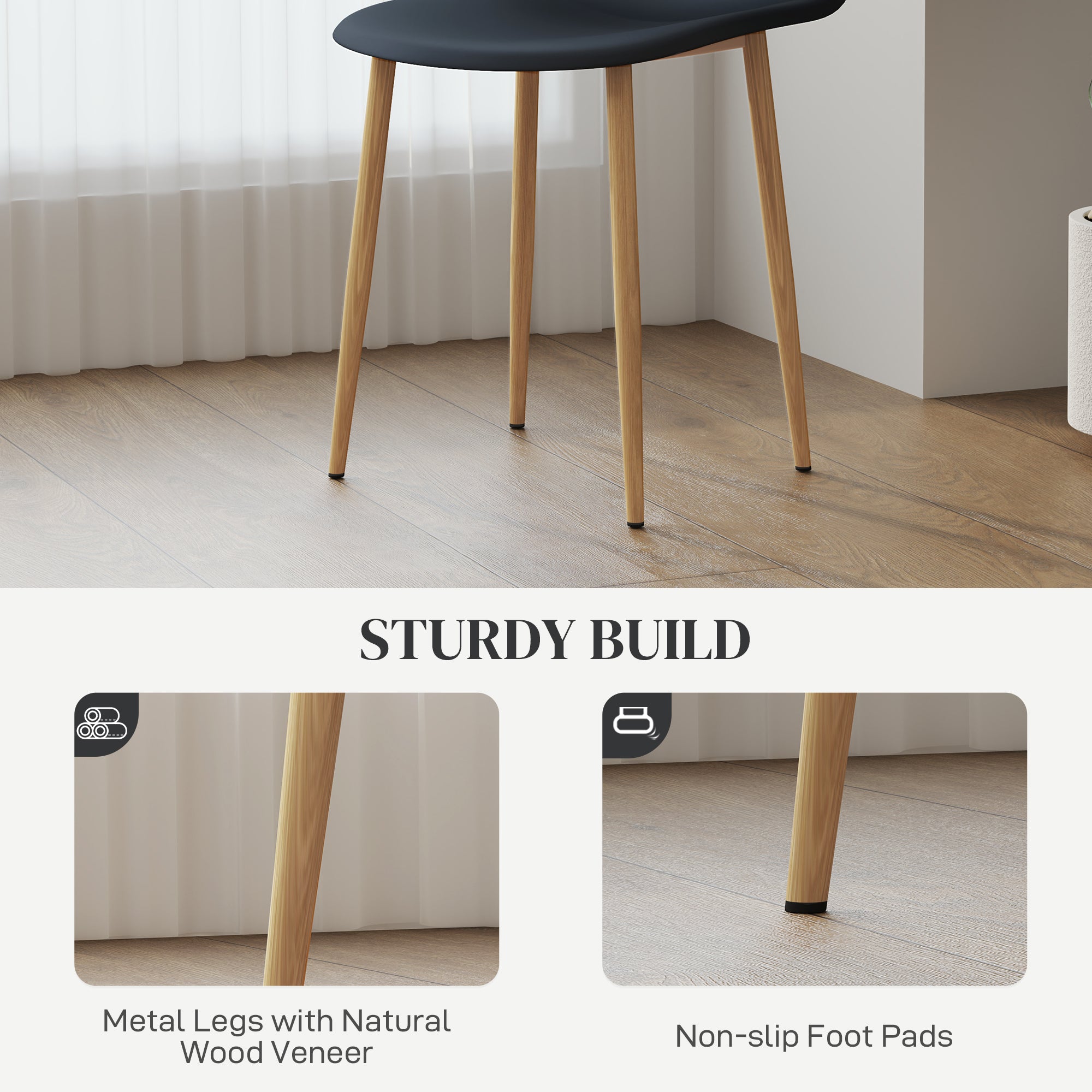 HOMCOM Modern Dining Chairs Set of 4, Kitchen Chairs with Backrest and Steel Legs for Dining Room, Living Room, Black