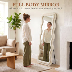 HOMCOM Full Length Mirror, 160 x 60 cm Wavy Full Body Wall Standing Mirror with Velvet Frame and Tempered Glass, Cream White