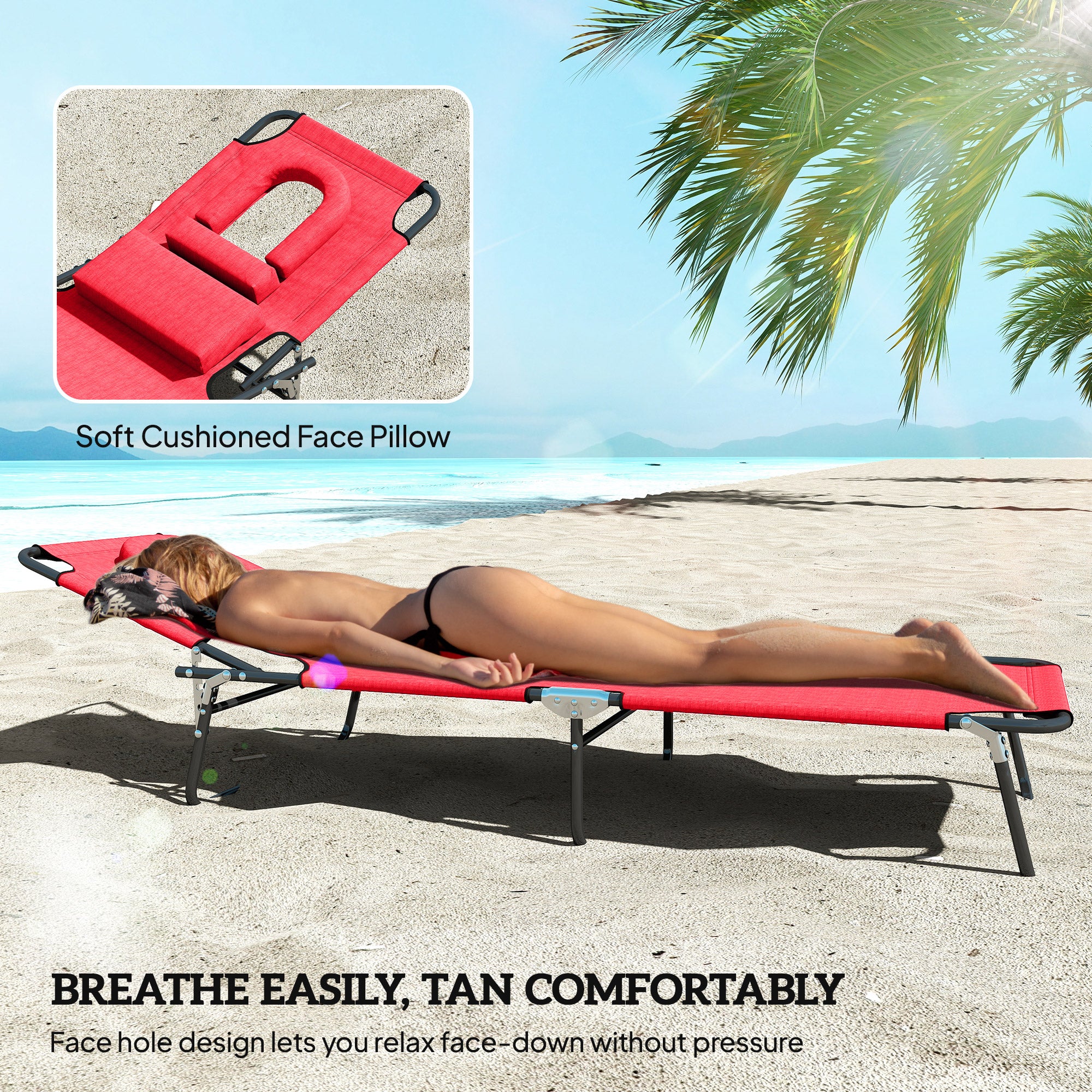 Outsunny Foldable Outdoor Sun Lounger Adjustable Backrest Reclining Chair with Pillow and Reading Hole Garden Beach, Red