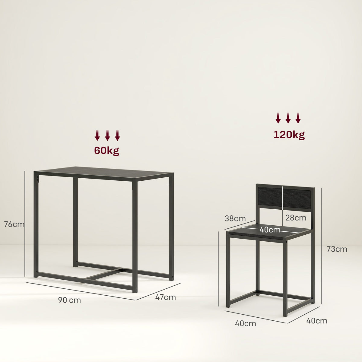 HOMCOM Dining Table and Chairs Set 2, Dining Room Sets, Rectangular Space Saving Table and 2 Chairs for Compact Kitchens, Steel Frame, Black