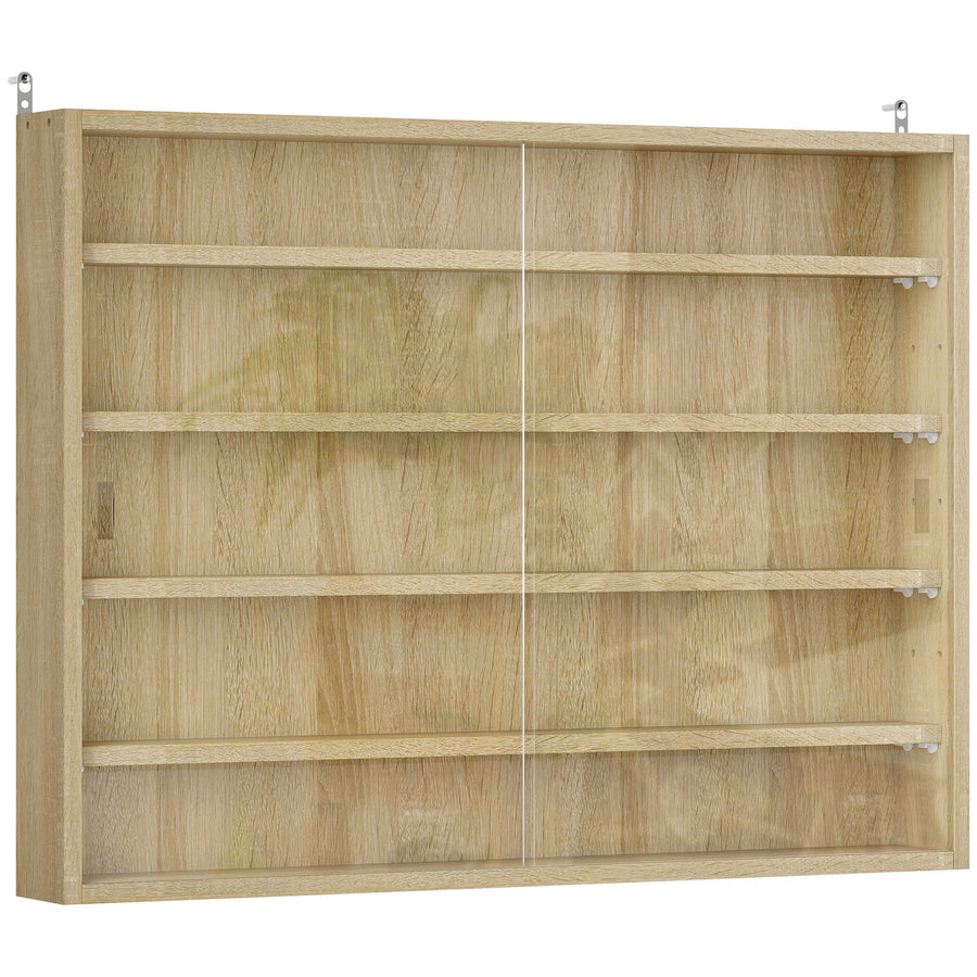 HOMCOM 5-Tier Wall Display Shelf Unit Cabinet w/ 4 Adjustable Shelves Glass Doors Home Office Ornaments 60x80cm Oak