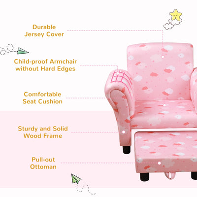 Kids Children Armchair Mini Sofa Wood Frame w/ Footrest Anti-Slip Legs High Back Arms Bedroom Playroom Furniture Cute Cloud Star Pink