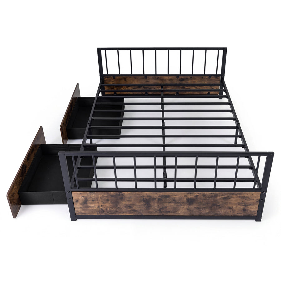 No Box Spring Needed Double Size Metal Bed Frame with 2 Drawers and Headboard-Double