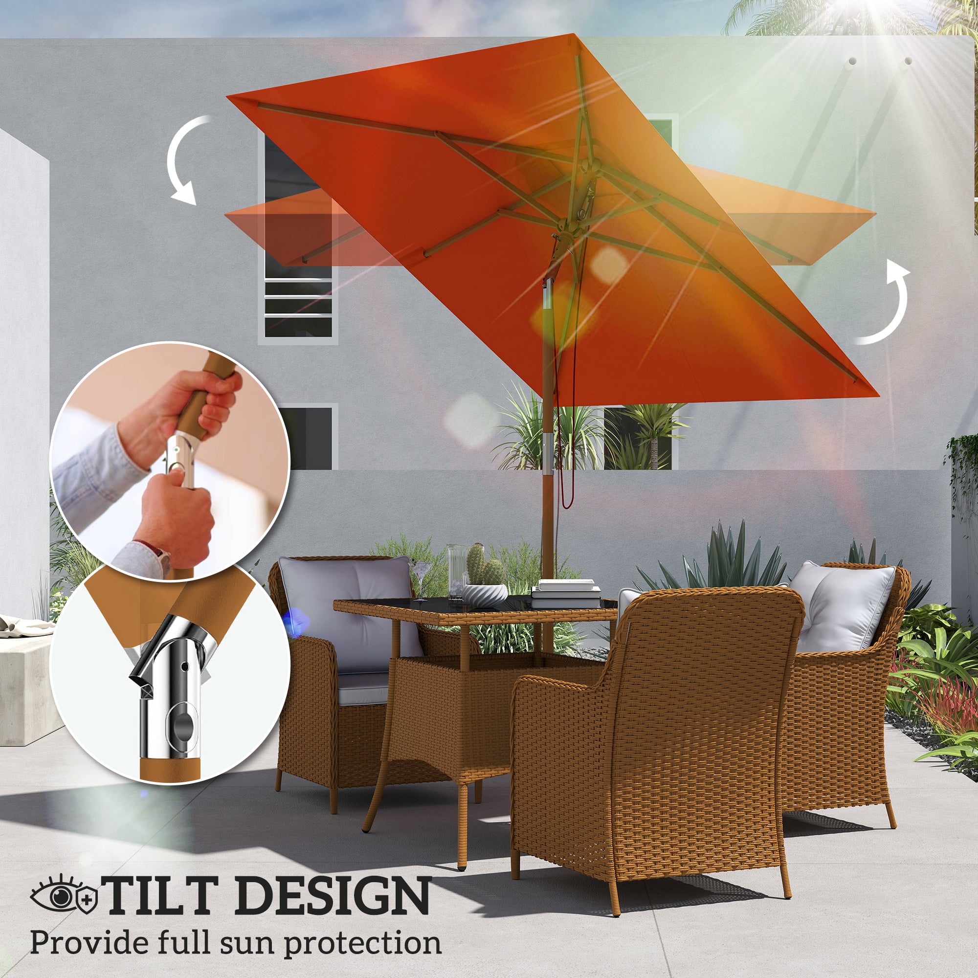Outsunny 2m Tilting Wooden Pole Parasol - Orange