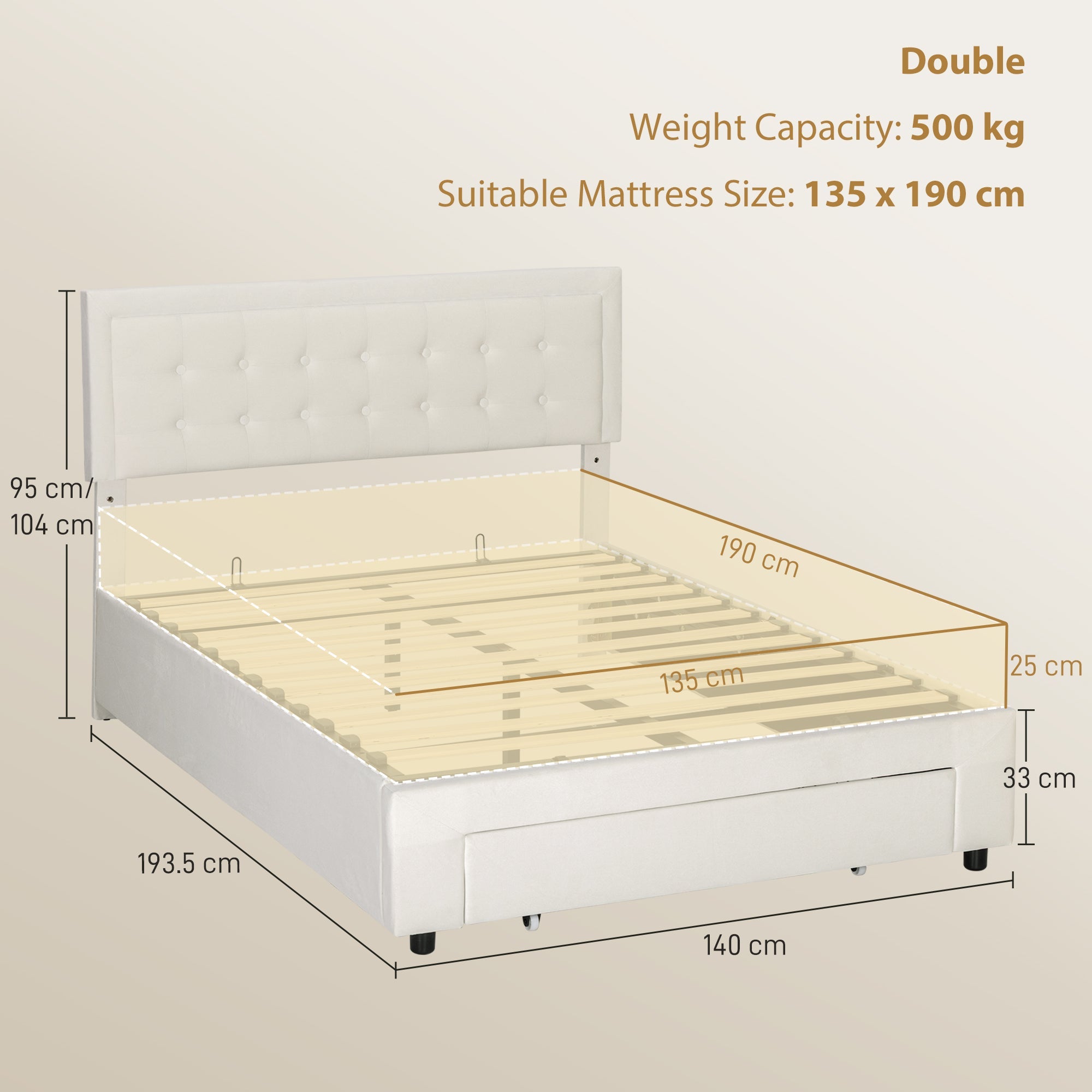HOMCOM Double Ottoman Bed Frame, with Front Drawer - Cream