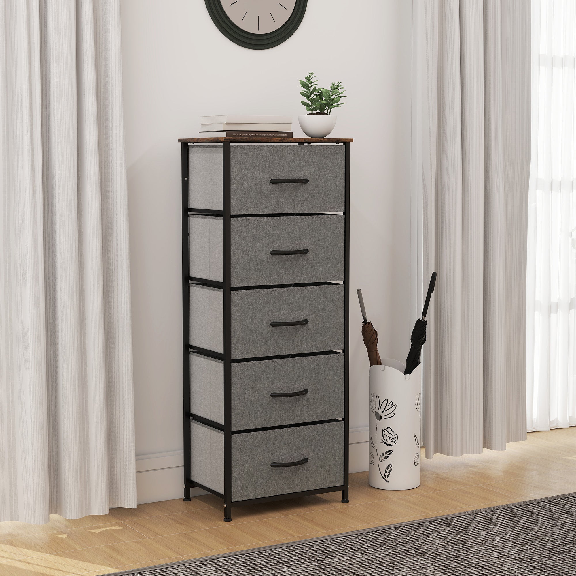 HOMCOM Fabric Chest of Drawers, Industrial Bedroom Dresser with 5 Fabric Drawers, Steel Frame and Wooden Top for Nursery, Living Room, Hallway, Rustic Brown and Grey