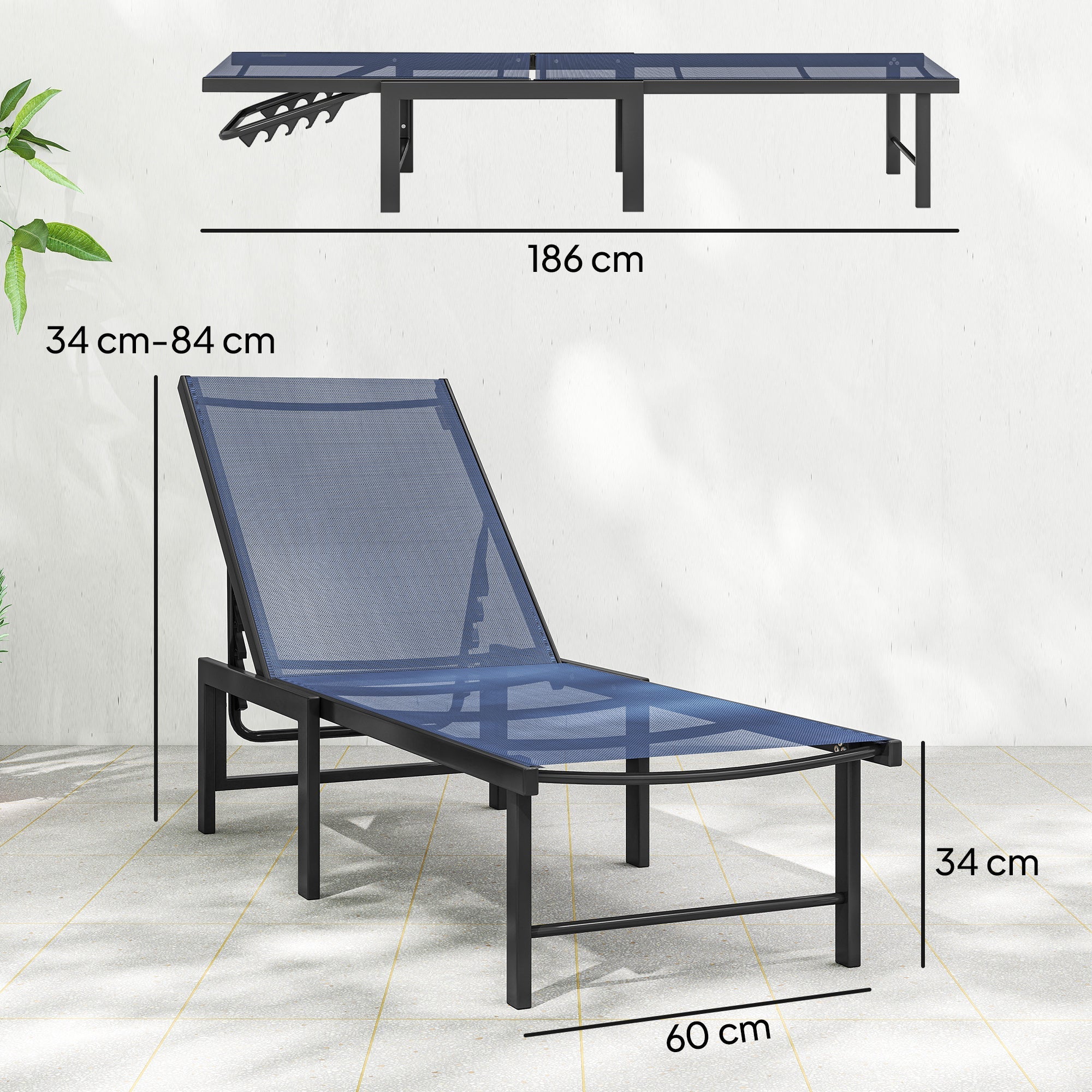 Outsunny Set of Two Reclining Sun Loungers - Dark Blue