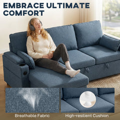 HOMCOM Corner Sofa Bed, L Shaped Sleeper Sectional Sofa with Reversible Storage Chaise, Blue