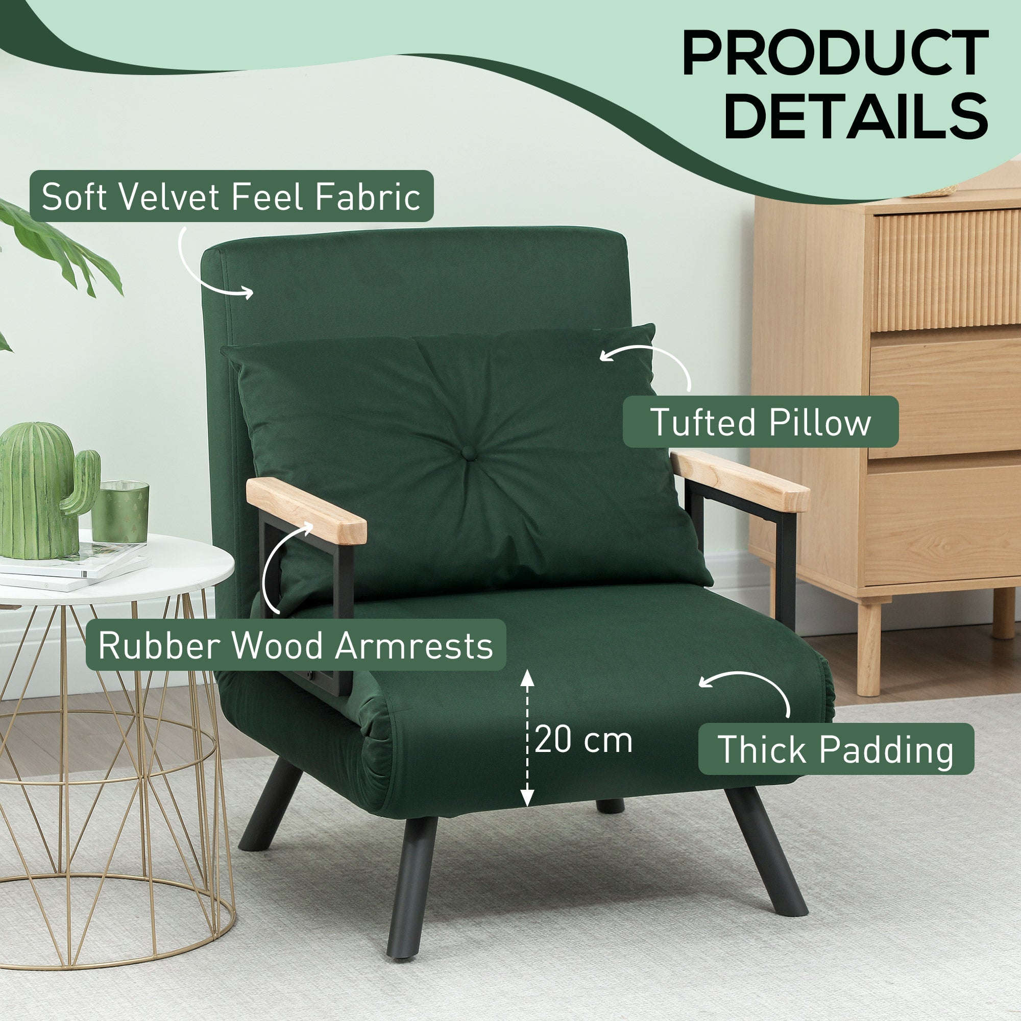 HOMCOM 4-in-1 Velvet-Feel Single Chair Bed, with Pillow - Green