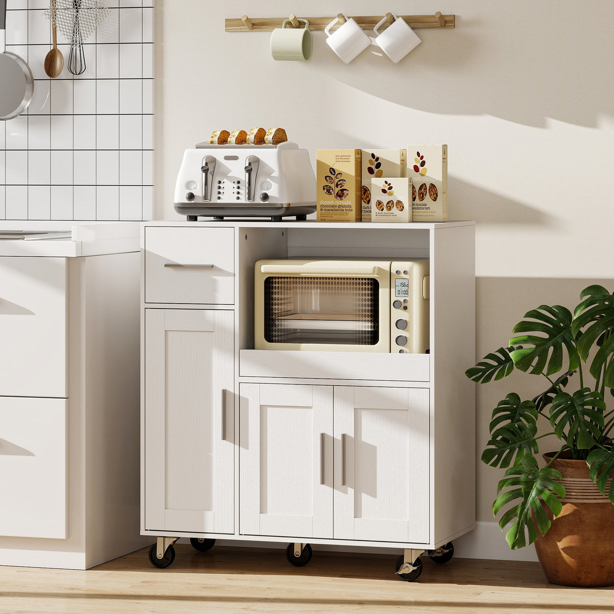 HOMCOM Rolling Kitchen Cart, Microwave Cabinet with Sliding Tray, Drawer, 3-Door Cupboards, Adjustable Shelf, White