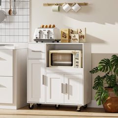 HOMCOM Rolling Kitchen Cart, Microwave Cabinet with Sliding Tray, Drawer, 3-Door Cupboards, Adjustable Shelf, White