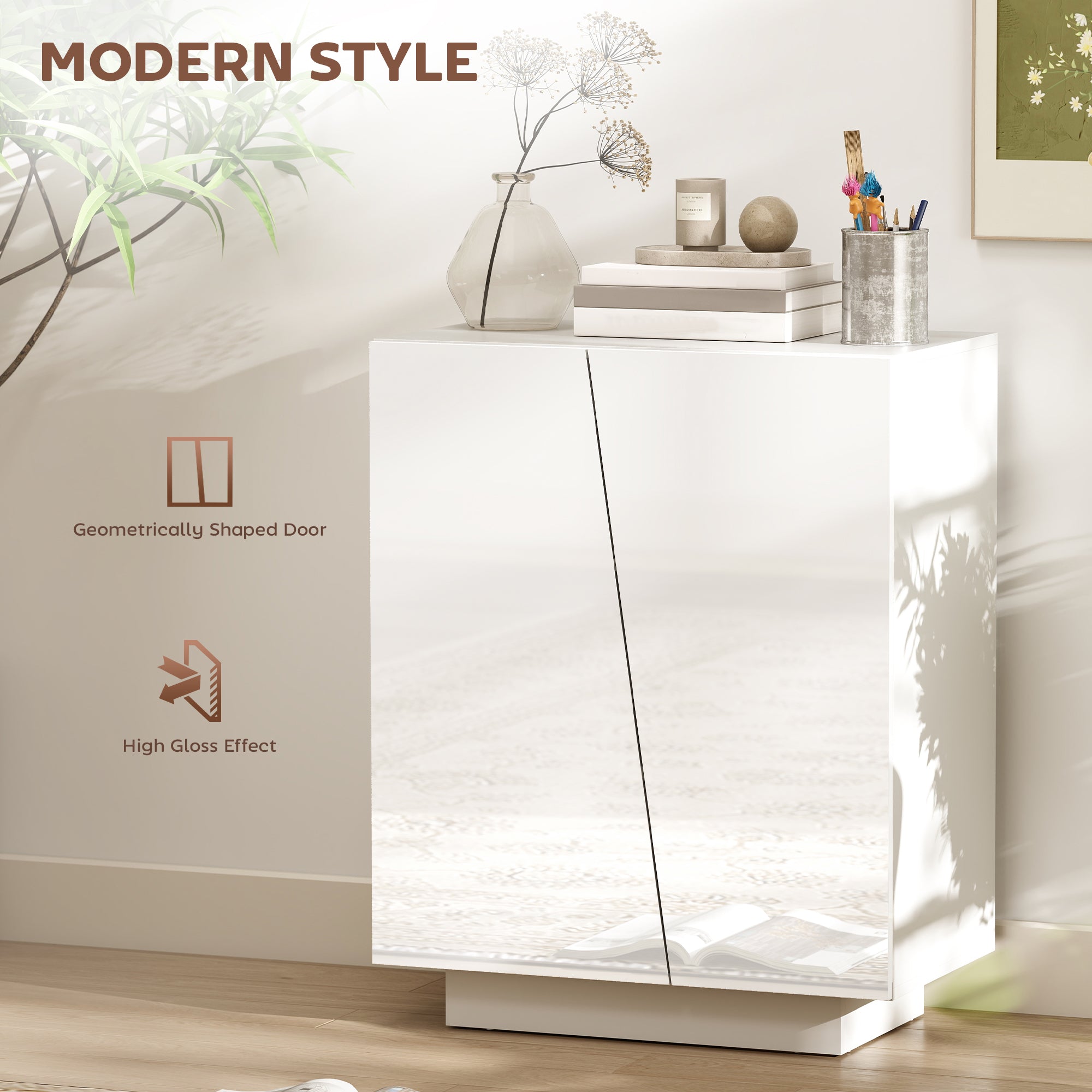 HOMCOM High Gloss Storage Cabinet, Freestanding Storage Cupboard with Adjustable Shelves for Living Room, Bedroom, Hallway, White