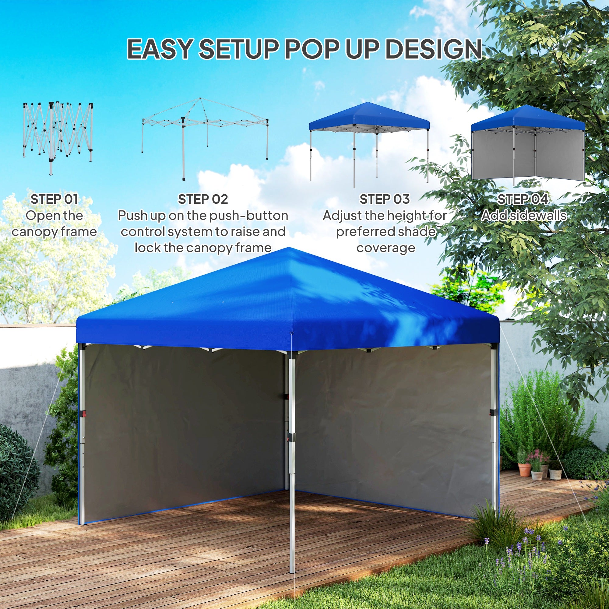 Outsunny 3 x 3 (M) Pop Up Gazebo, UPF 30+ with 2 Sidewalls, Leg Weight Bags and Wheeled Bag, Height Adjustable Party Tent Event Shelter for Garden, Patio, Blue