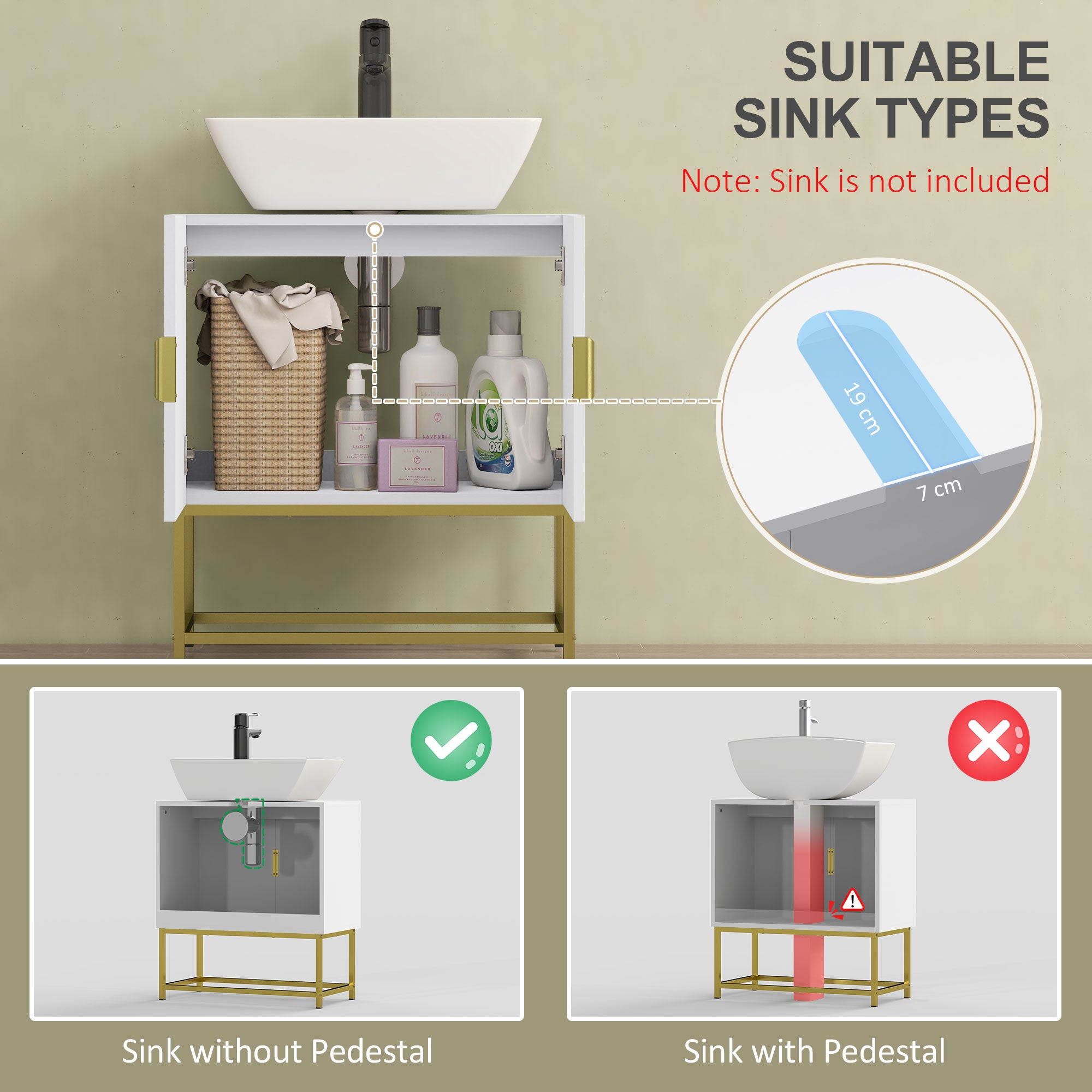 kleankin Bathroom Mirror Cabinet Under Sink Storage Cabinet Basin Cupboard with 2 Doors and Gold Steel Legs