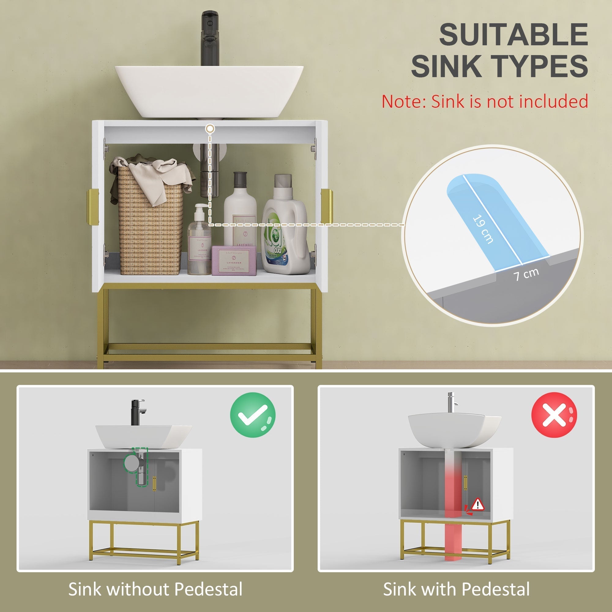 kleankin Bathroom Mirror Cabinet Under Sink Storage Cabinet Basin Cupboard with 2 Doors and Gold Steel Legs