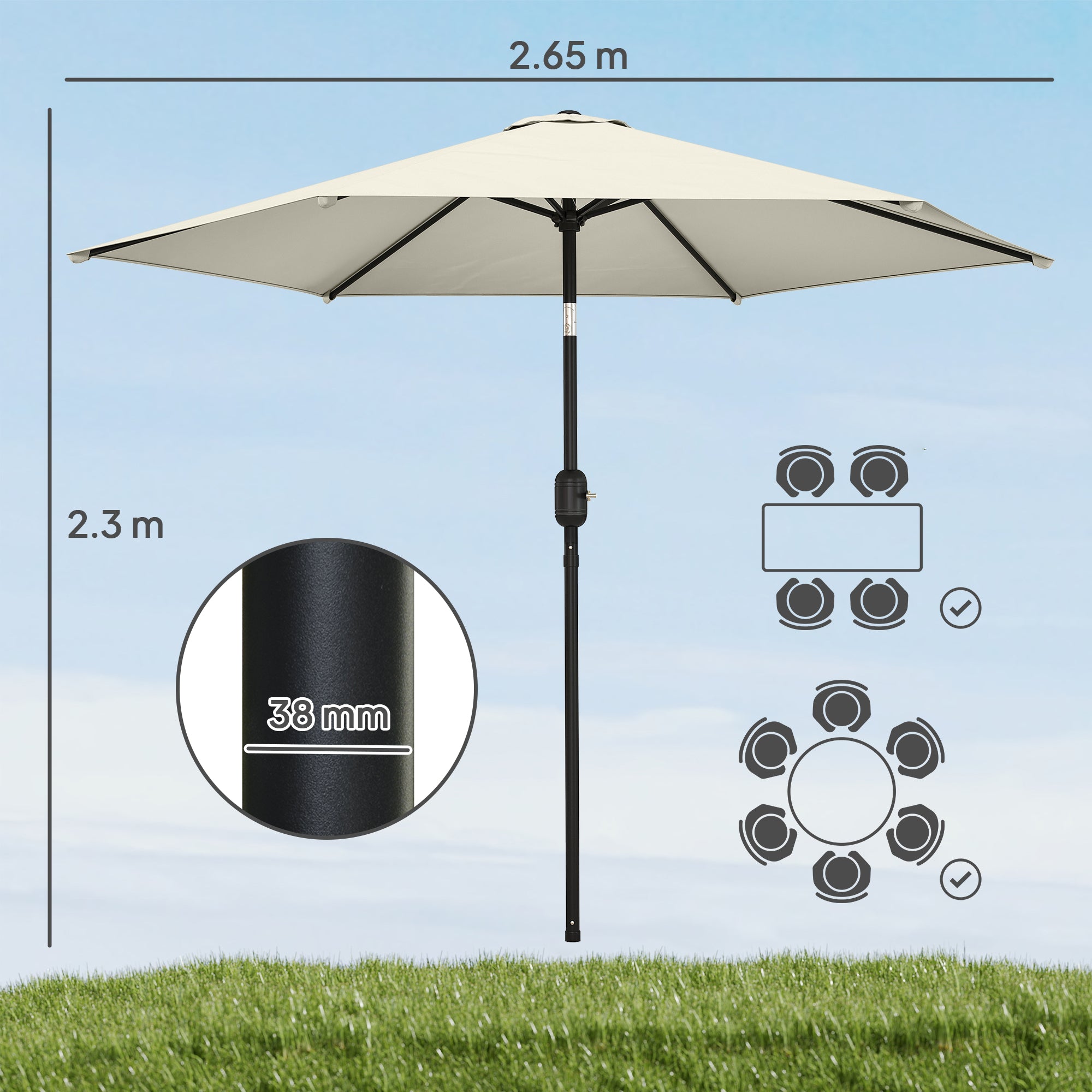 Outsunny 2.6 m Garden Parasol Umbrella with Aluminium Pole, Outdoor Patio Umbrella with Tilt and Crank, Vent, Cream White