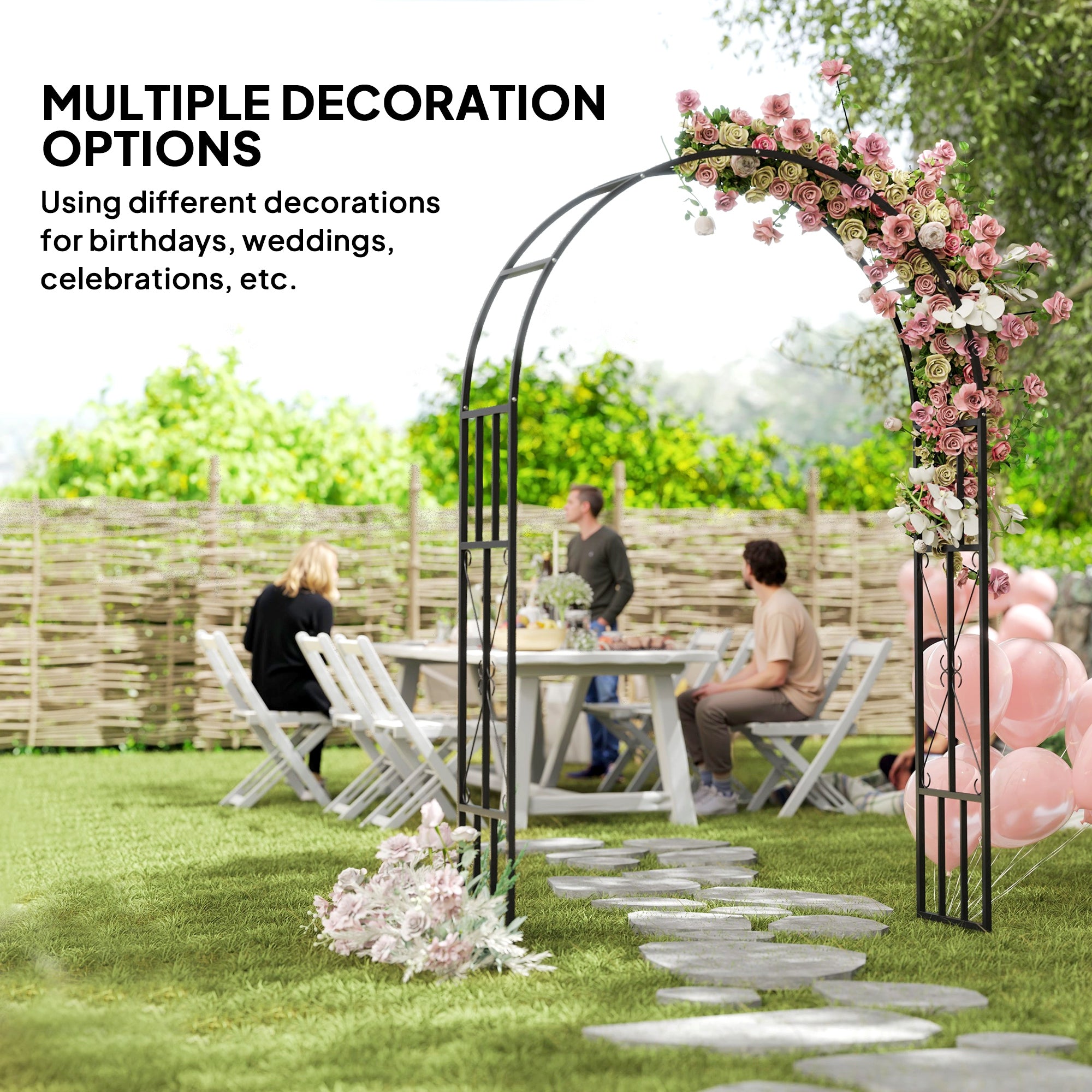 Outsunny Steel Garden Arch, 2.2m High x 1.5m Wide Metal Garden Trellis for Climbing Plants Roses Wisteria Vines, Outdoor Wedding Arch for Bridal Party Ceremony Decoration, Black
