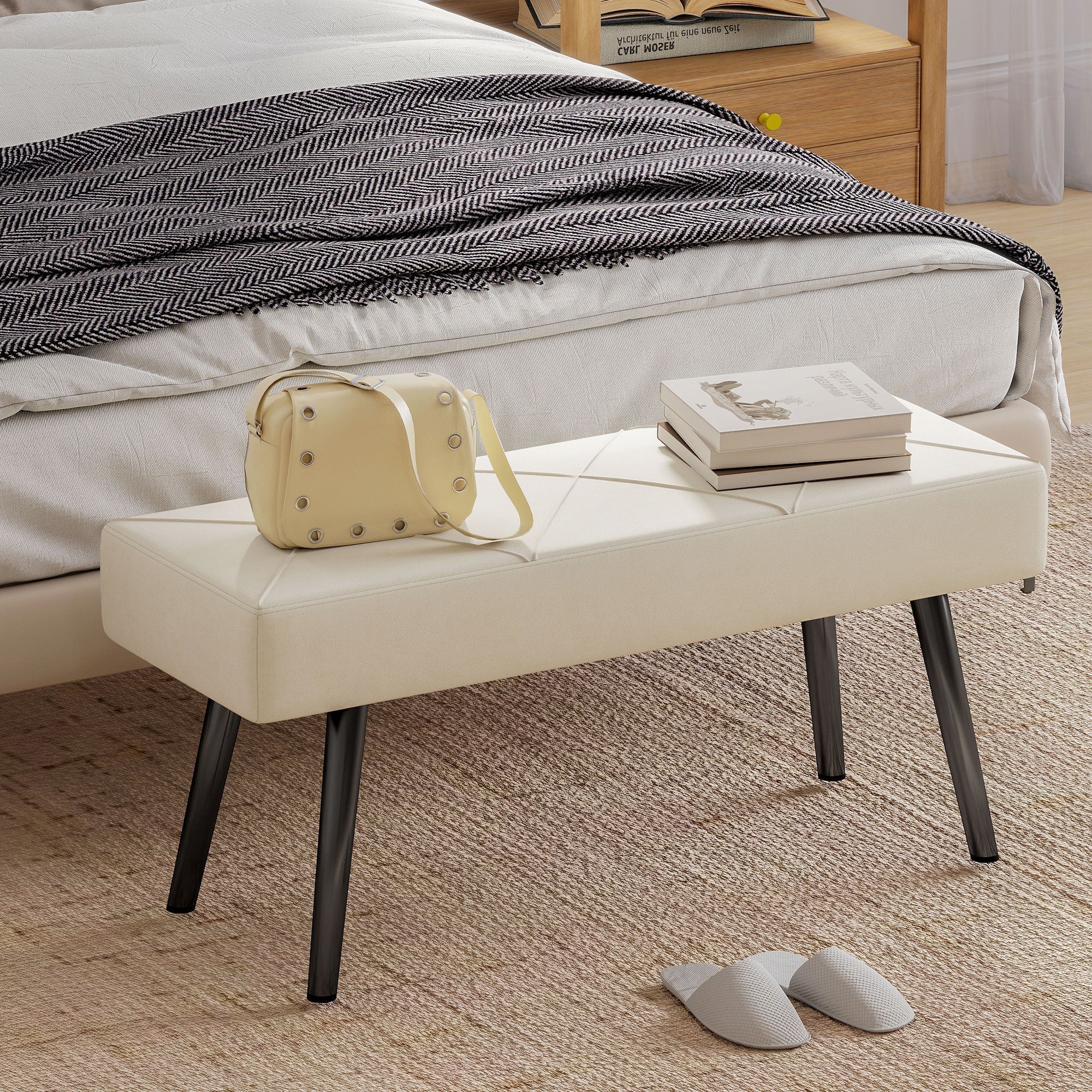 HOMCOM Upholstered Hallway Bench, End of Bed Bench with X-Shape Design and Steel Legs, Cream