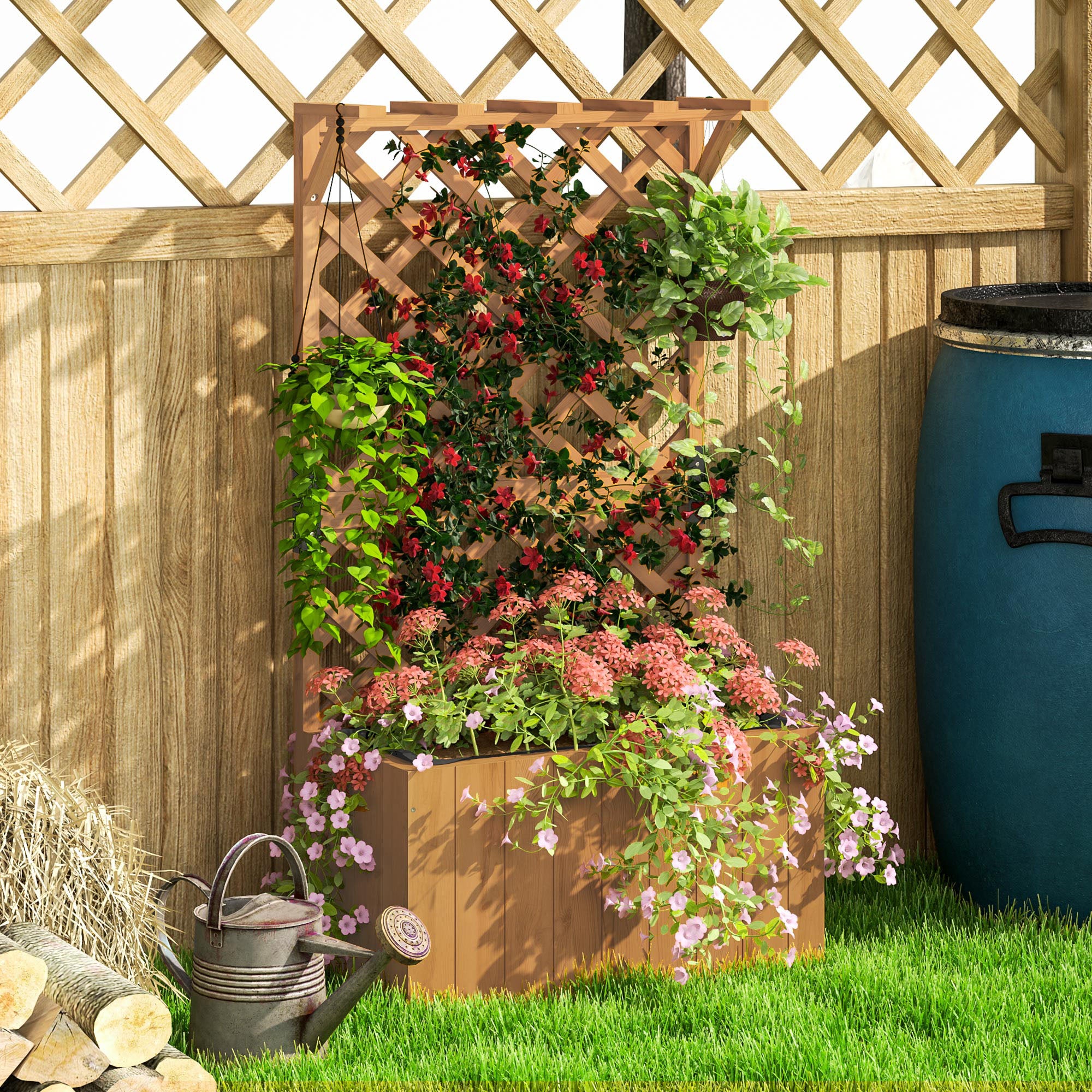 Outsunny Wooden Planter with Trellis, Freestanding Raised Garden Bed with Drainage Holes, Outdoor Planter Box with Liner for Vegetables, Herbs and Flowers, Natural