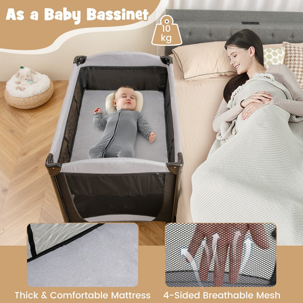 A baby sleeping in the bassinet attachment of the baby playpen and playards, with close-ups of the mattress and mesh sides