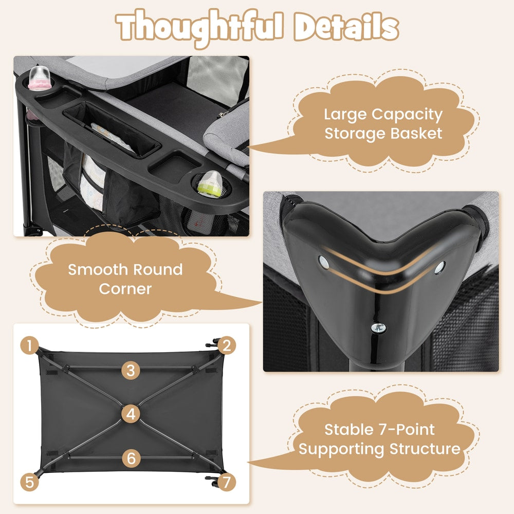 Close-up views of the portable nursery center's storage basket, smooth edges and supporting structure