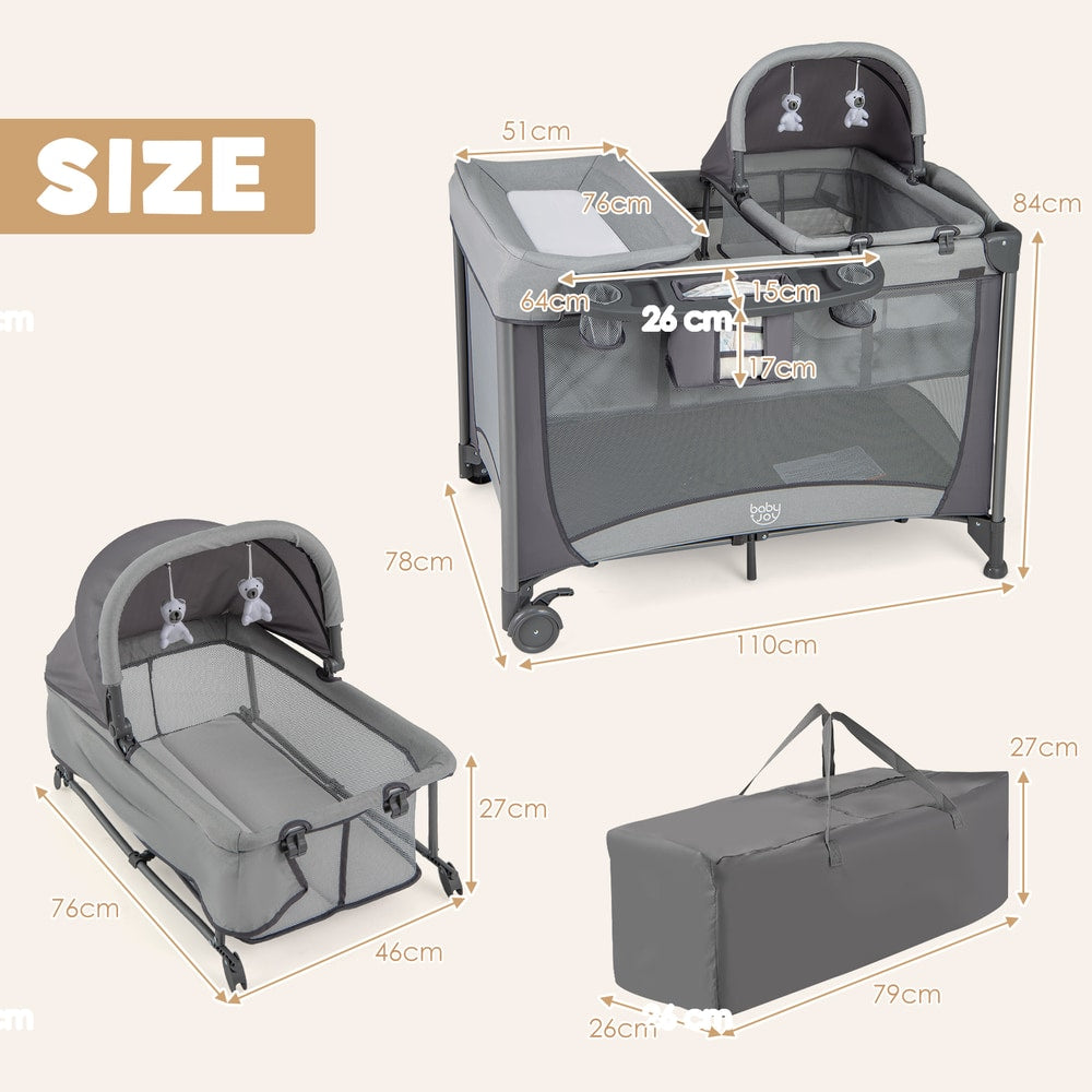 Size diagram showing the dimensions of the grey baby playpen, bassinet and carry bag