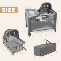 Size diagram showing the dimensions of the grey baby playpen, bassinet and carry bag
