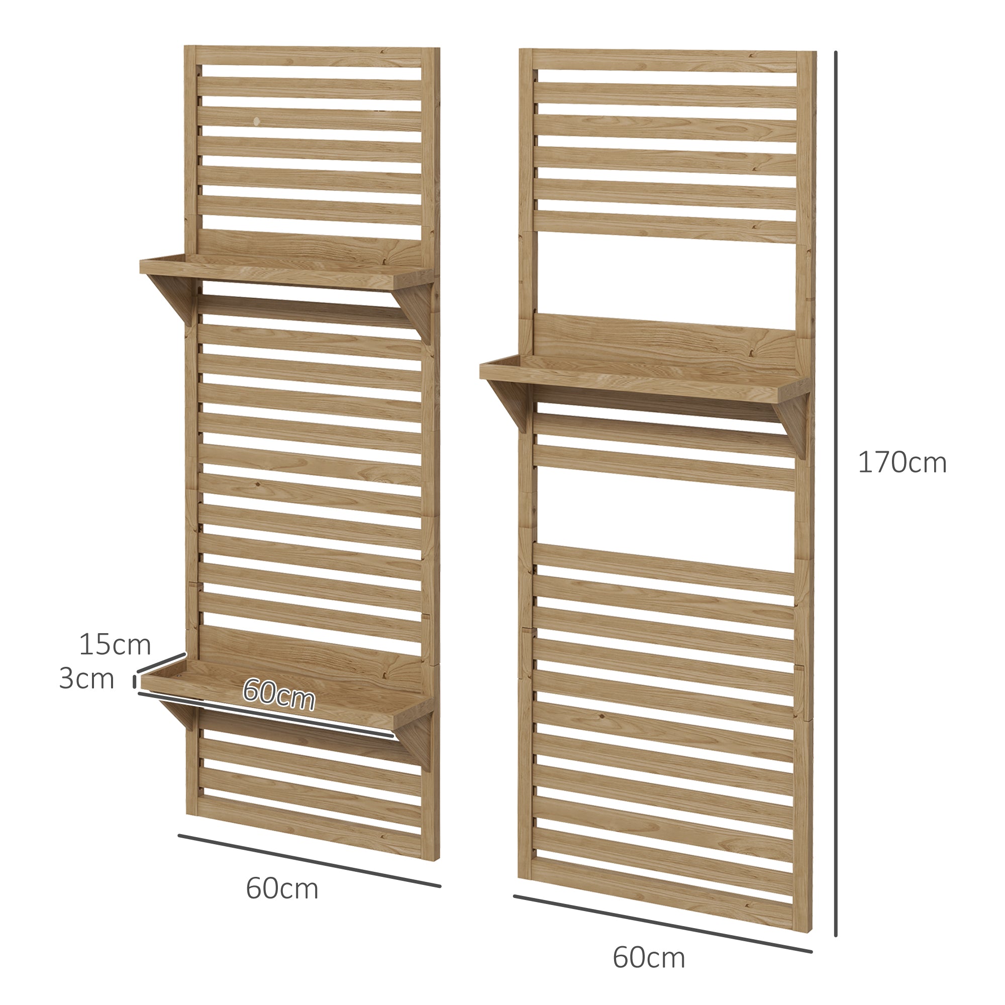 Outsunny Wall Mounted Plant Stands Set of 2, Fir Wood Flower Stand with Shelves and Slatted Trellis for Patio, Balcony, Porch