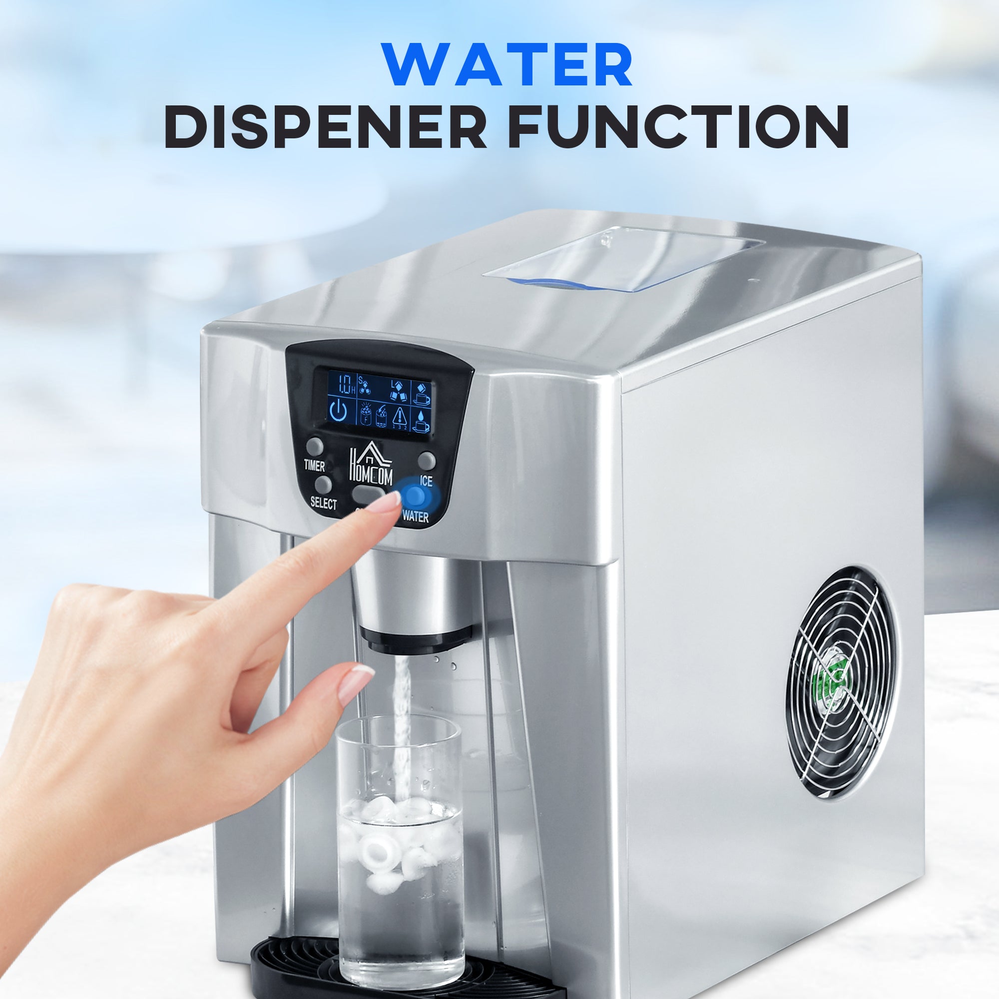 HOMCOM 3L Ice Maker Machine and Water Dispenser, 12kg in 24H, 2 Sizes 9 Ice Cubes Ready in 6-10 Mins Ice Machine, Silver