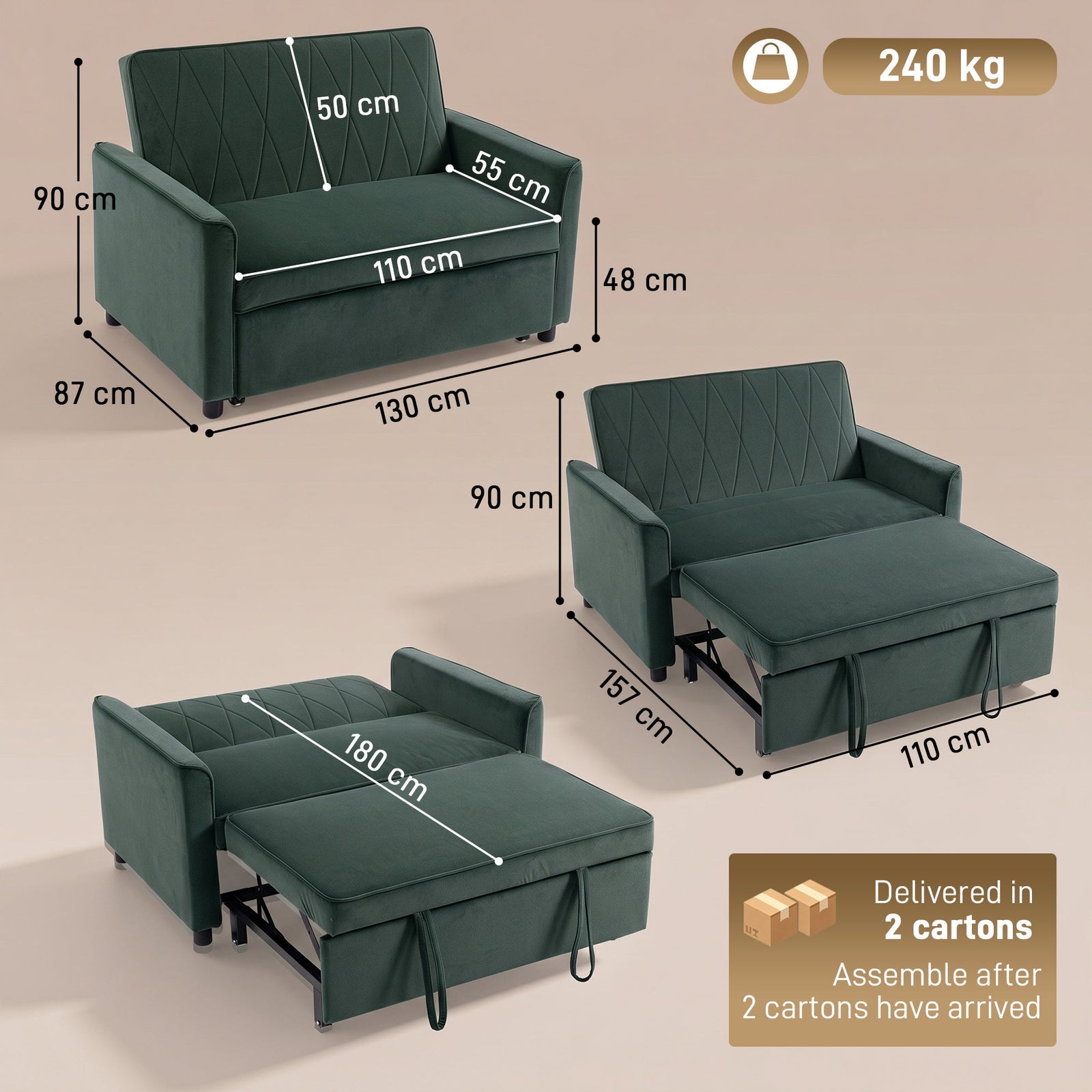 HOMCOM 2 Seater Sofa Bed, 3-in-1 Convertible Pull Out Sleeper Sofa with Clik-Clack Adjustable Backrest, Dark Green