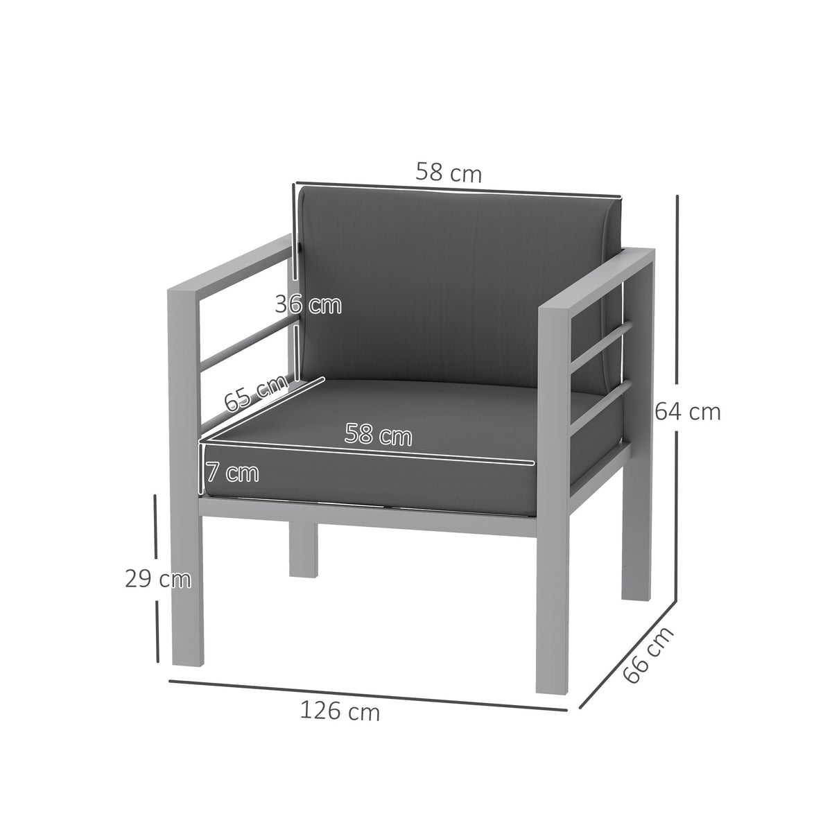 Outsunny Garden Sofa Set of 2, All-Weather Garden Sofa Set with Removable Cushions, Metal Frame Outdoor Furniture for Balcony, Charcoal Grey