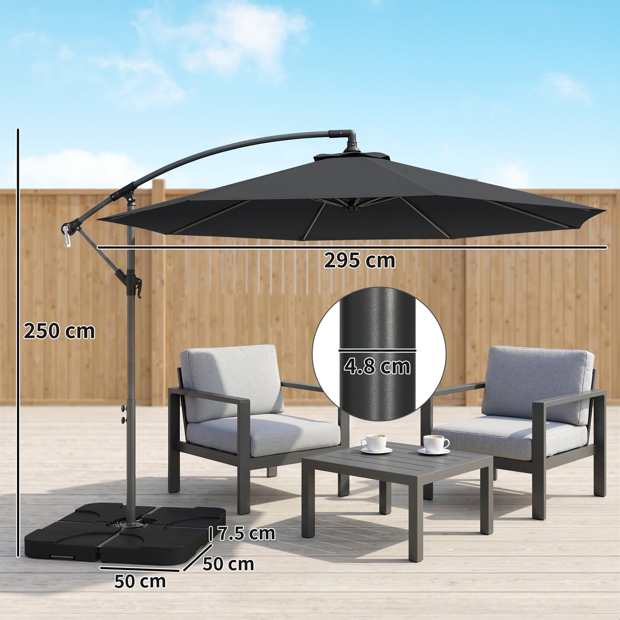 Outsunny 3m Overhanging Parasol, with Base, Weights and Cover - Black