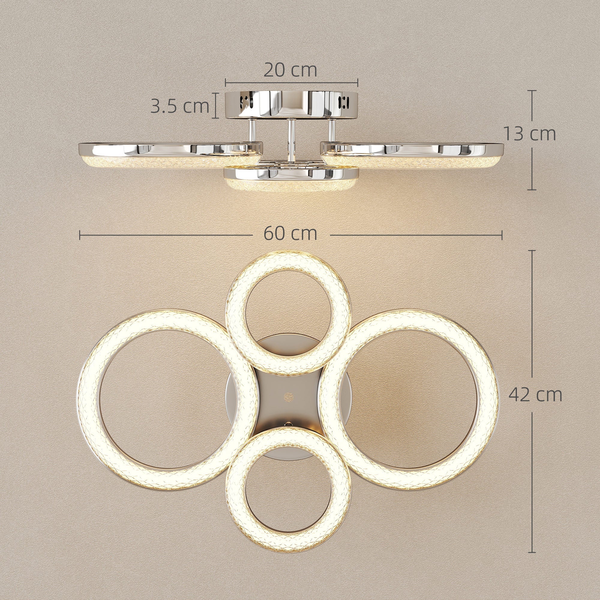 HOMCOM LED Ceiling Light, Modern 4 Rings Ceiling Lamp with Wall Switch Control, 40W 4350lm Flush Mount Ceiling Light with 3500K/4500K/6000K Colour Temperatures for Living Room, Bedroom, Silver Tone