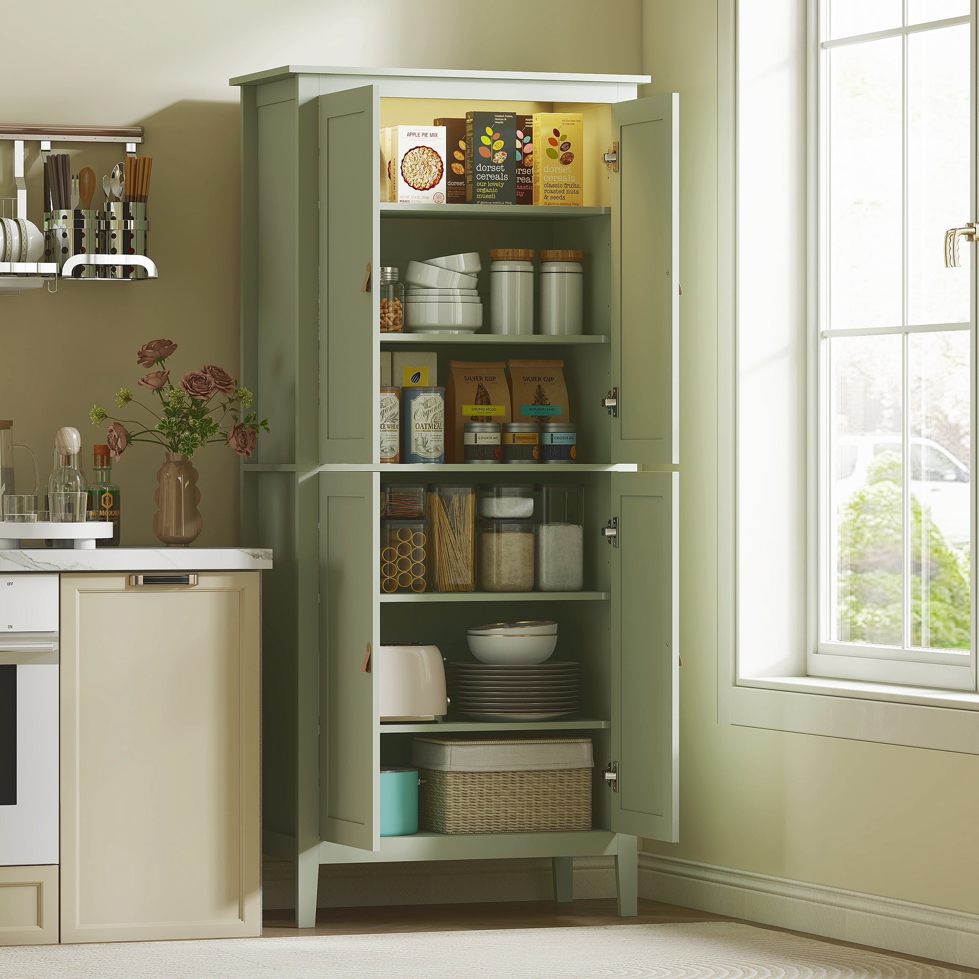 HOMCOM Tall Pantry Cupboard with Motion Sensor LED Light - Green