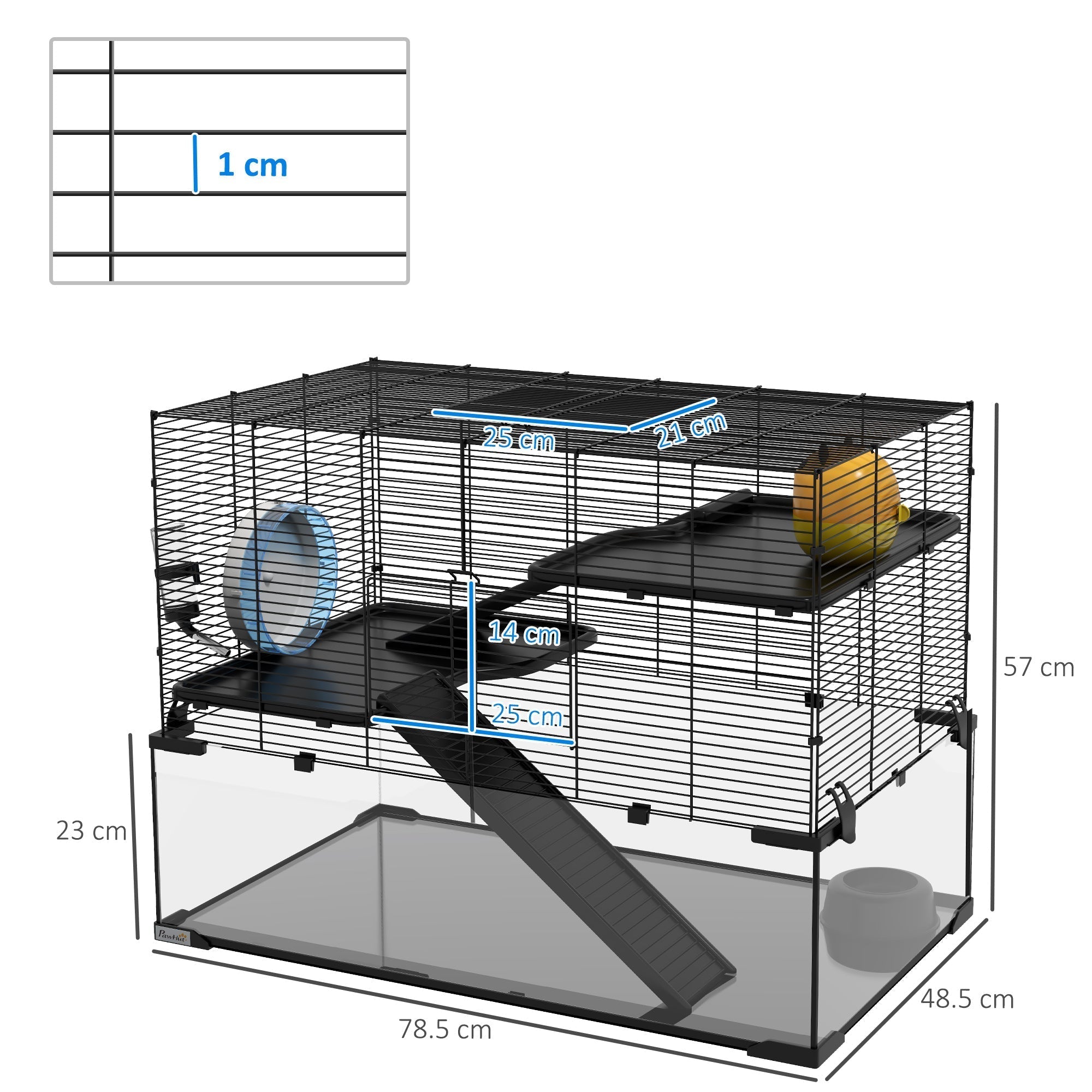 PawHut 3 Tiers Hamster Cage, Gerbil Cage with Deep Glass Bottom, Non-Slip Ramps, Platforms, Hut, Exercise Wheels, Water Bottle, Dish, for Syrian Hamster, Dwarf Hamster, 78.5 x 48.5 x 54.5cm