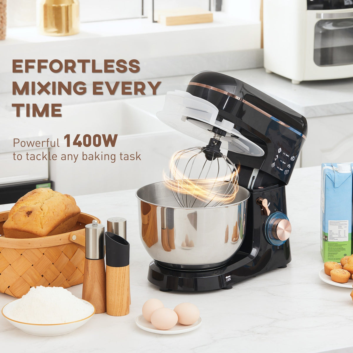 HOMCOM Stand Mixer, 5L Food Mixer for Baking, 6 Speeds and Pulse Setting, 1400W Cake Electric Kitchen Mixer with Dough Hook, Whisk, Stainless Steel Bowl, Splash Guard, Beater, Black