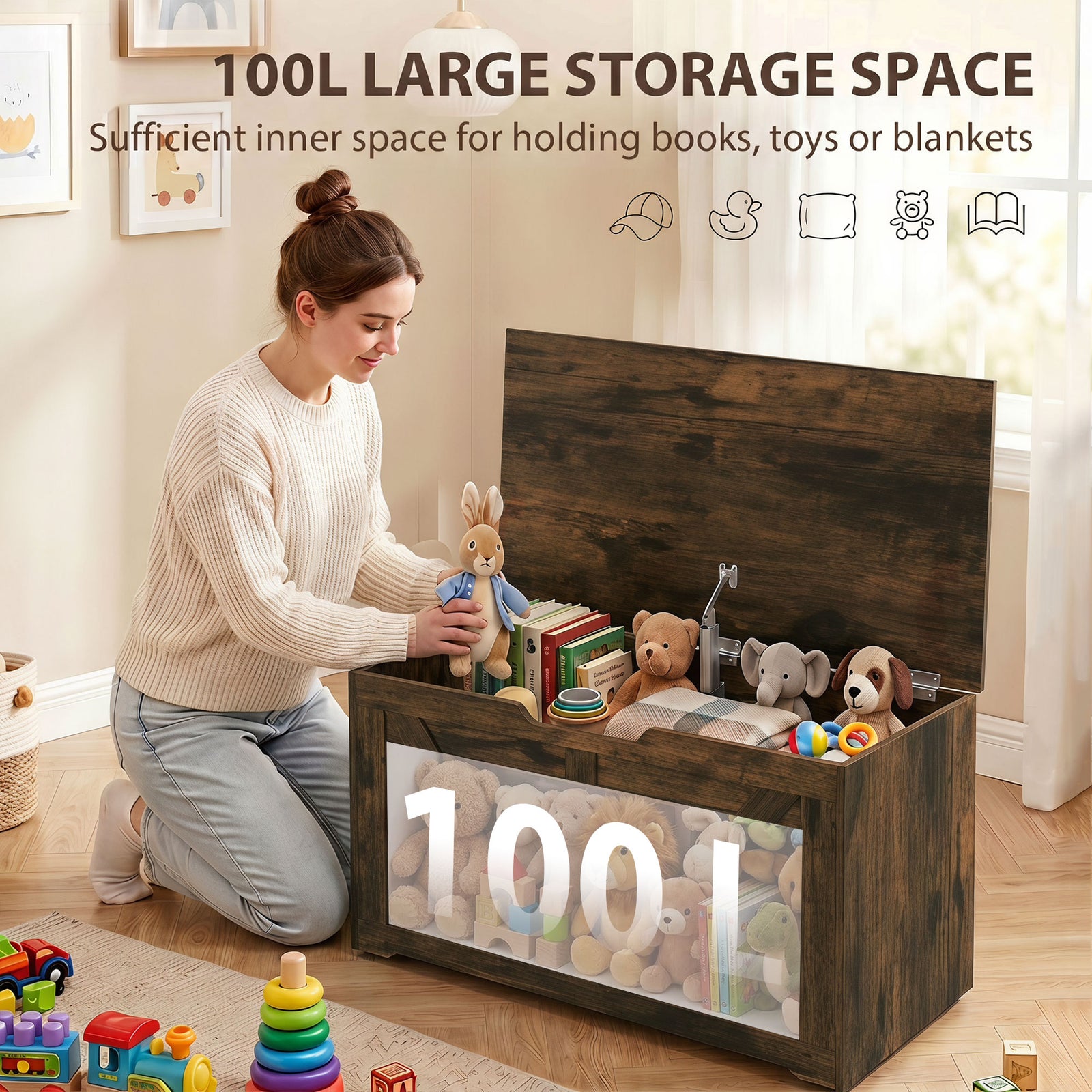 HOMCOM 100L Home Storage Box, with Safety Hinge - Rustic Brown Wood-Effect
