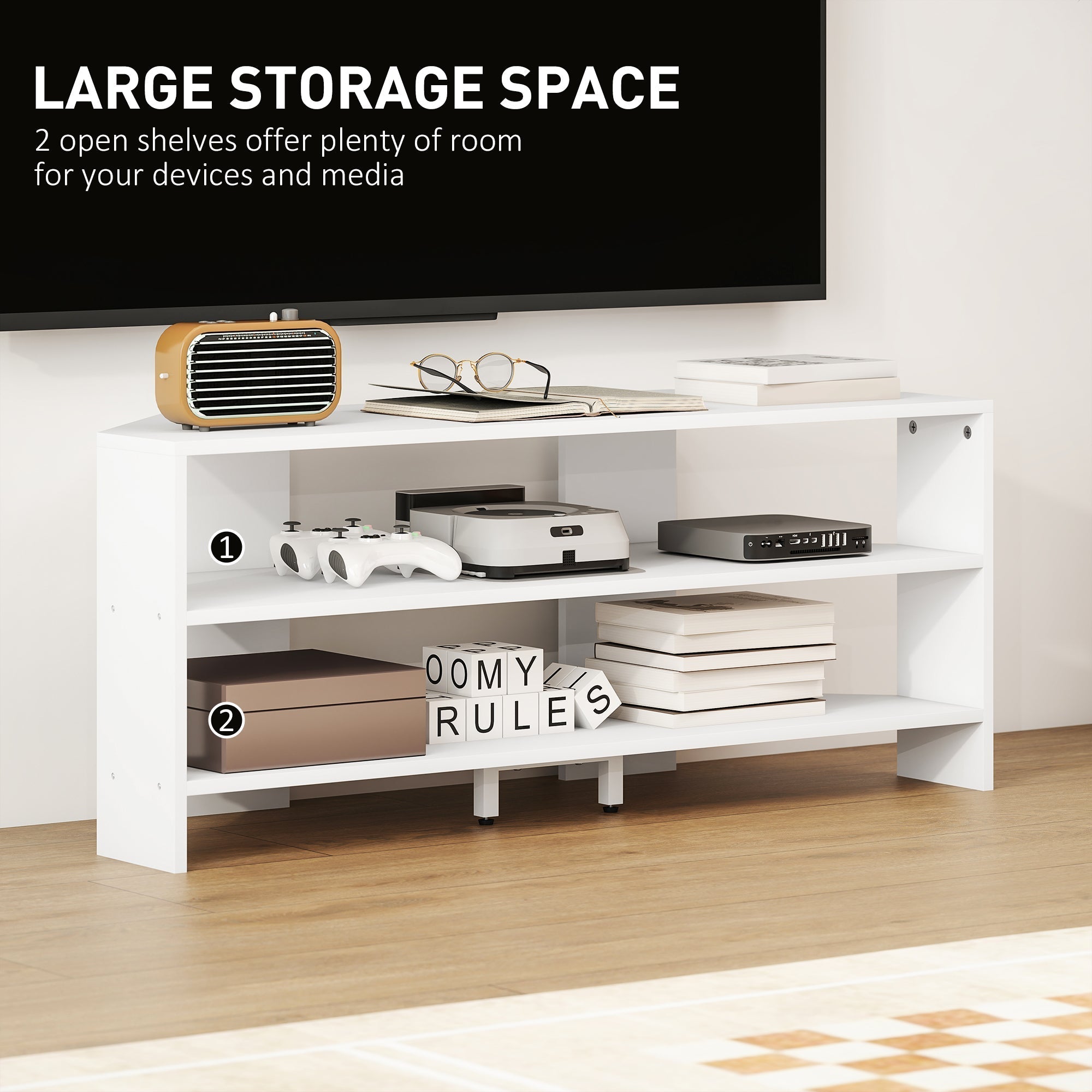 HOMCOM Corner TV Stand with 2 Open Shelves for 47 Inch TV - White
