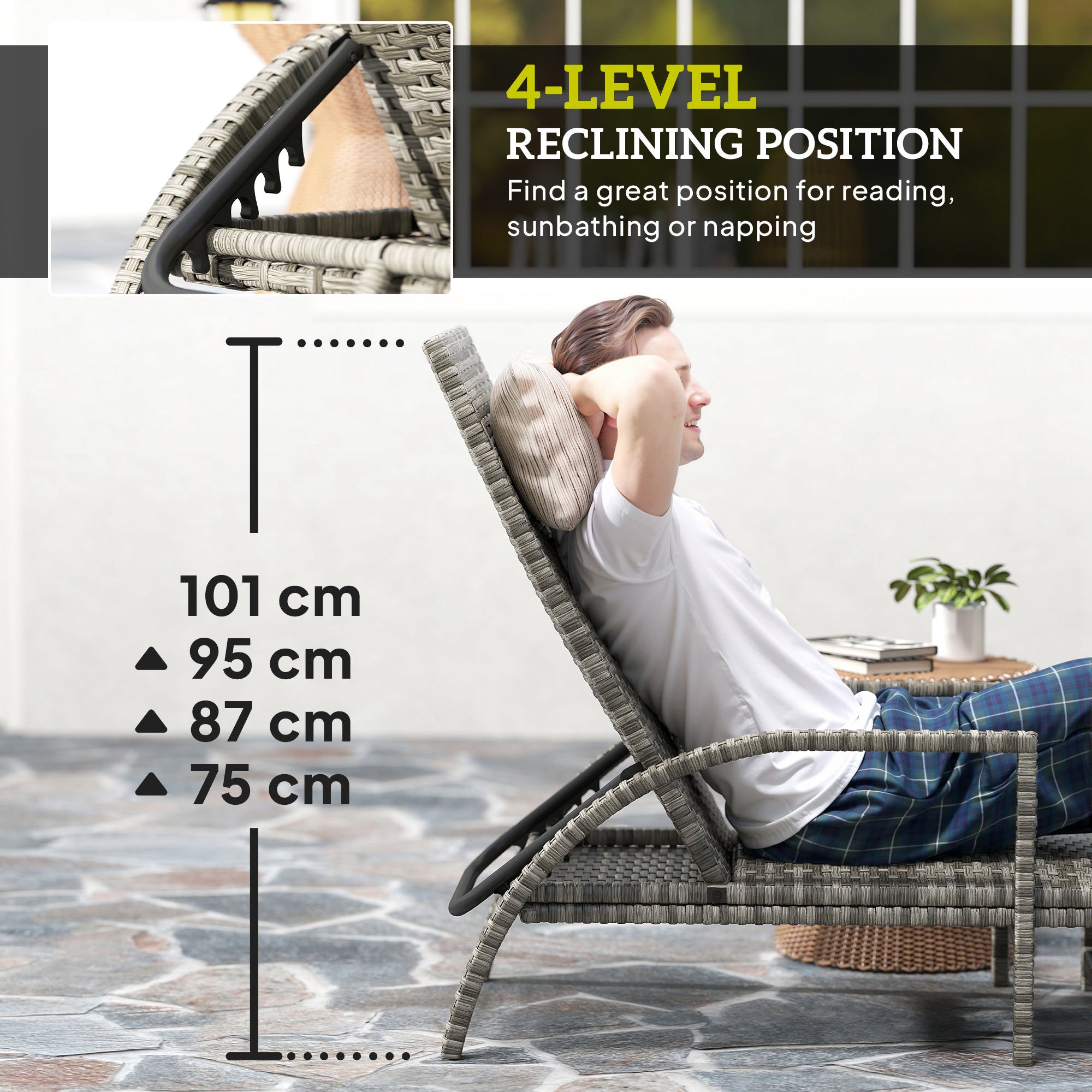 Outsunny Reclining Rattan Lounger, with Extending Footrest - Grey
