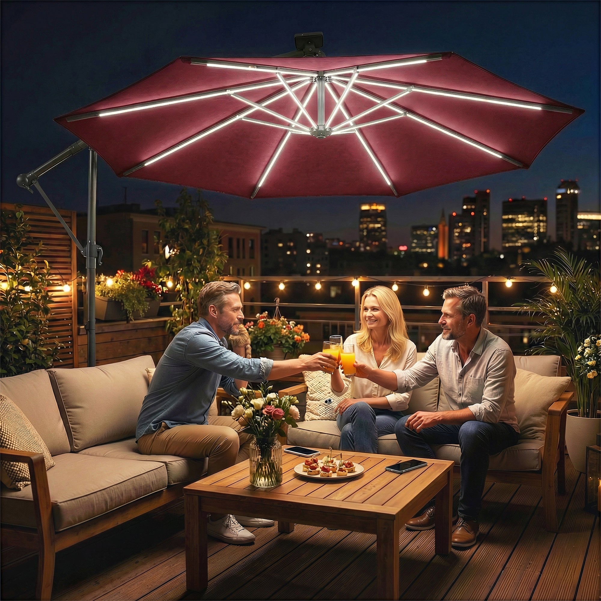 Outsunny 3 m Garden Cantilever Parasol with LED Solar Light, Round Overhanging Umbrella with 360Â° Rotation, Cover, Wine Red