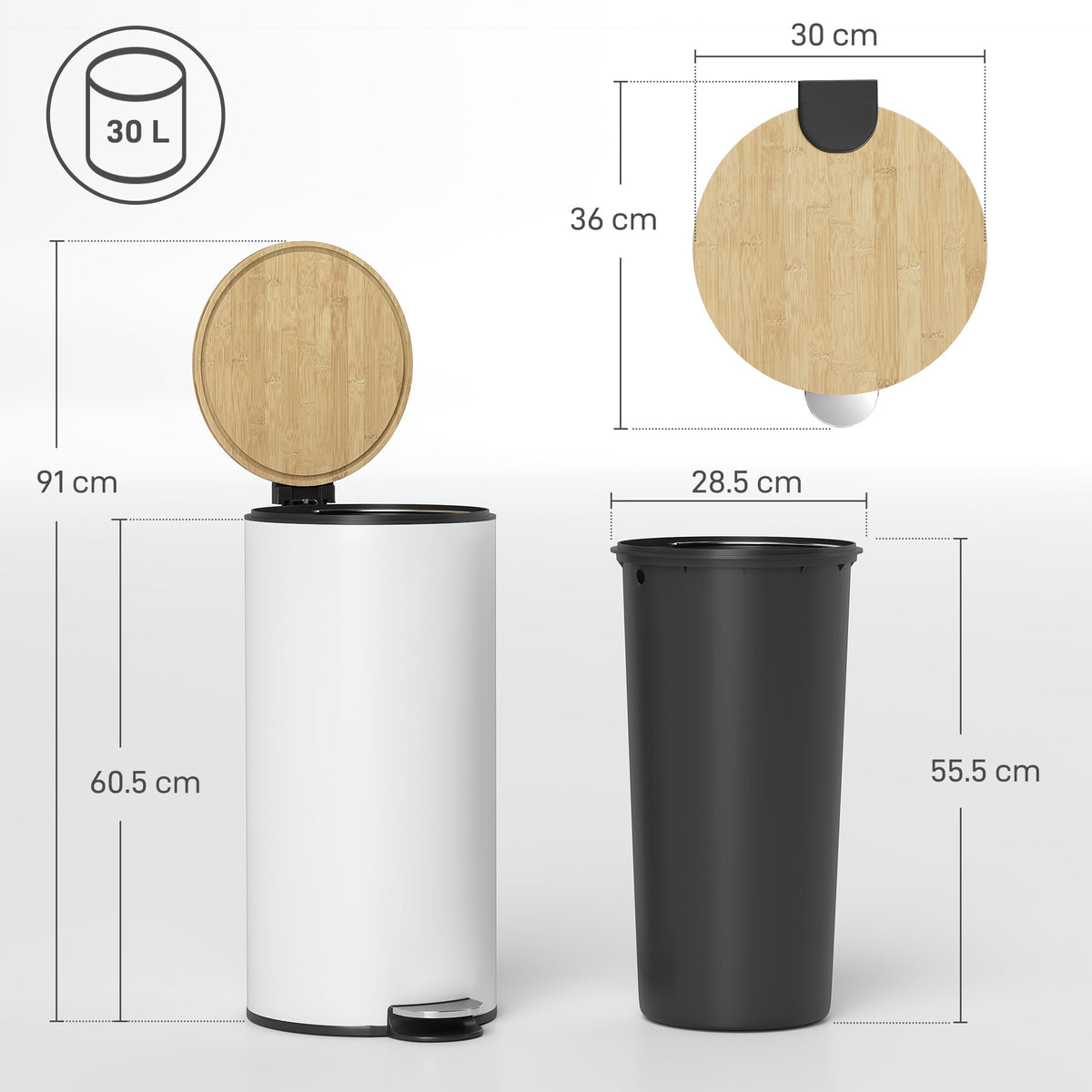 HOMCOM Kitchen Bin, 30 Litre Pedal Rubbish Bin with Removable Bucket, White and Natural