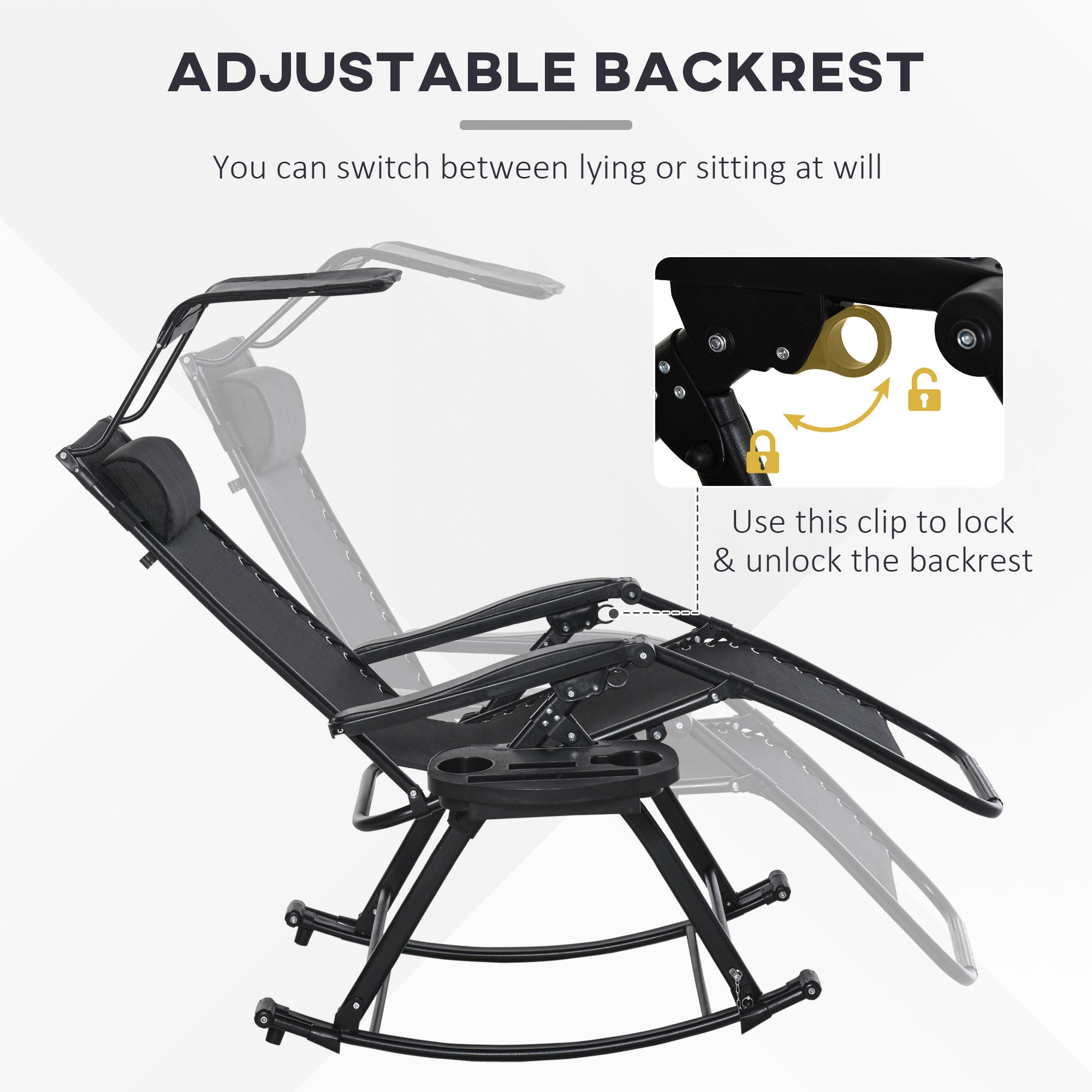 Outsunny Garden Rocking Chair Folding Recliner Outdoor Adjustable Sun Lounger Rocker Zero-Gravity Seat with Headrest Side Holder Patio Deck - Black
