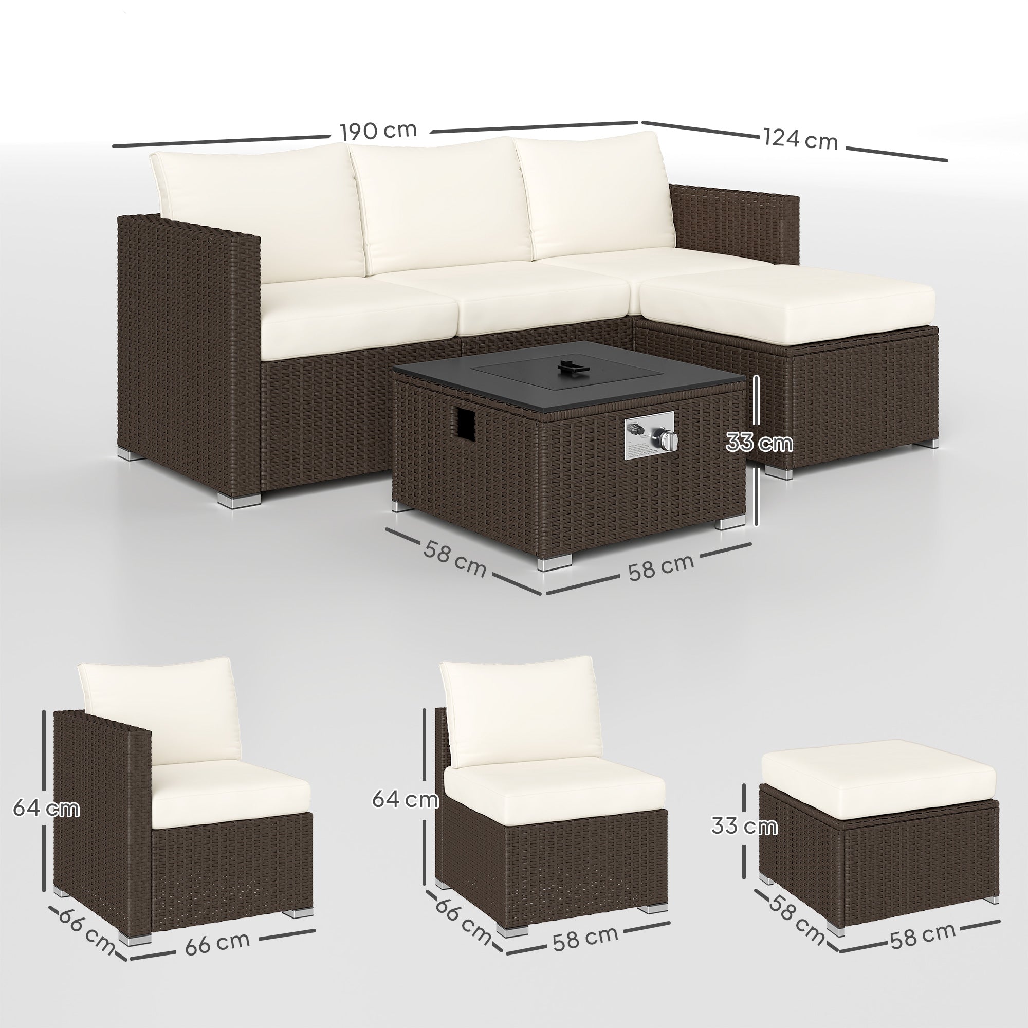 Outsunny Five Piece Rattan Garden Furniture Set with Gas Fire Pit Table and Footstool - Brown and Cream White