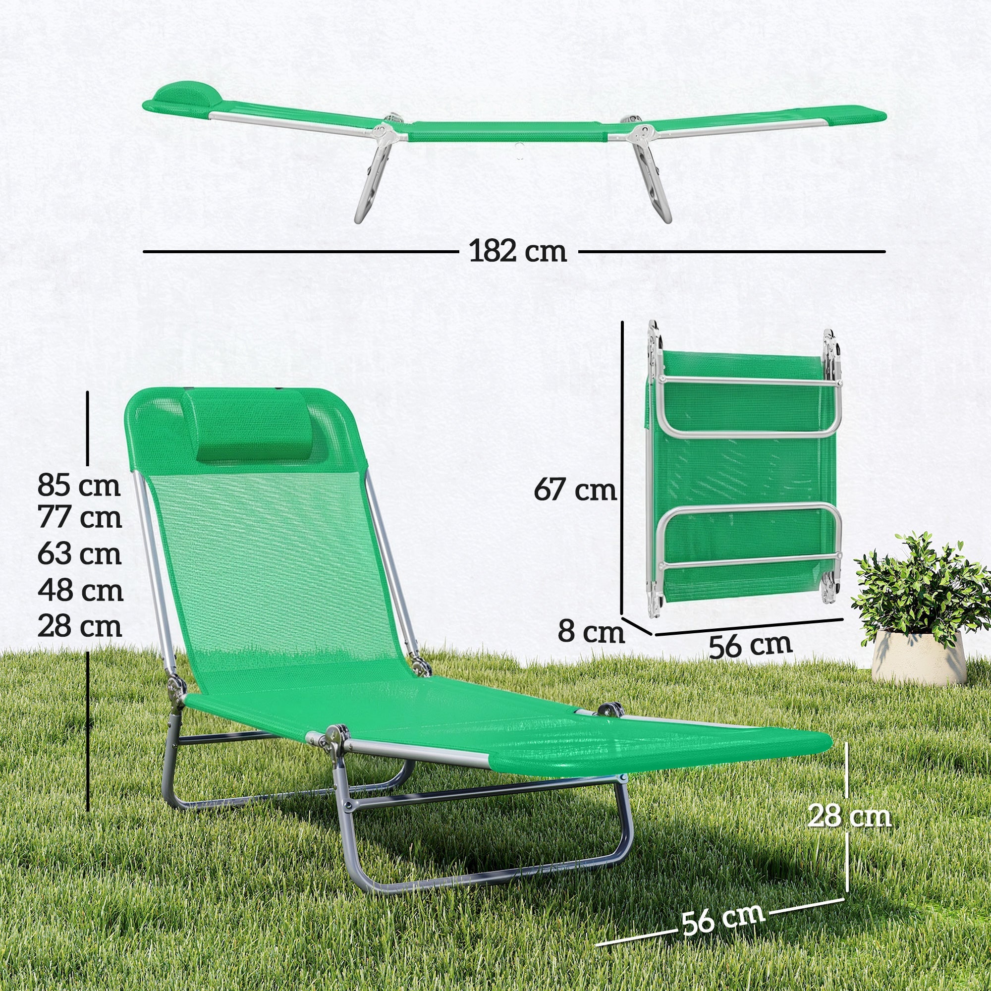 Outsunny Set of Two Steel Frame Sun Loungers, with Reclining Backs - Dark Green