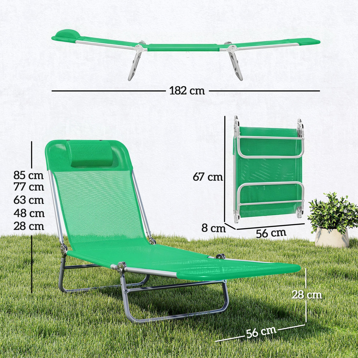 Outsunny Set of Two Steel Frame Sun Loungers, with Reclining Backs - Dark Green