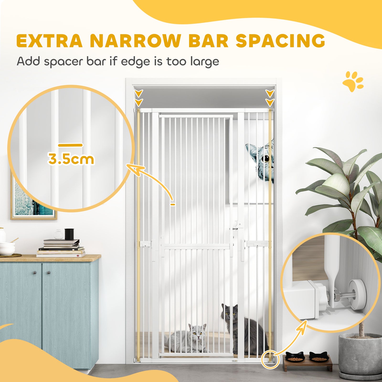 PawHut 180cm Extra Tall Pet Gate with 3.5 cm Narrow Gap, Pressure Mounted No Drilling Cat Gate for Doorways, 77-104cm Width