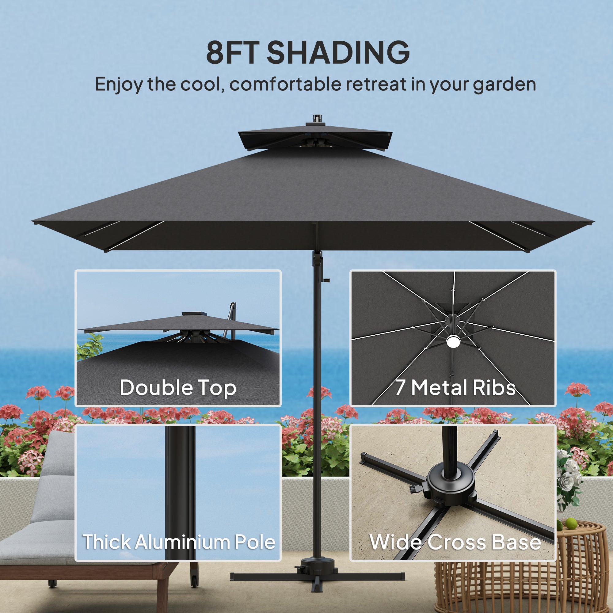 Outsunny 2.5m Cantilever Parasol with Solar Powered LED Lights, 360√Ç¬∞ Rotation, Tilt Adjustment, Crank Handle, Dark Grey