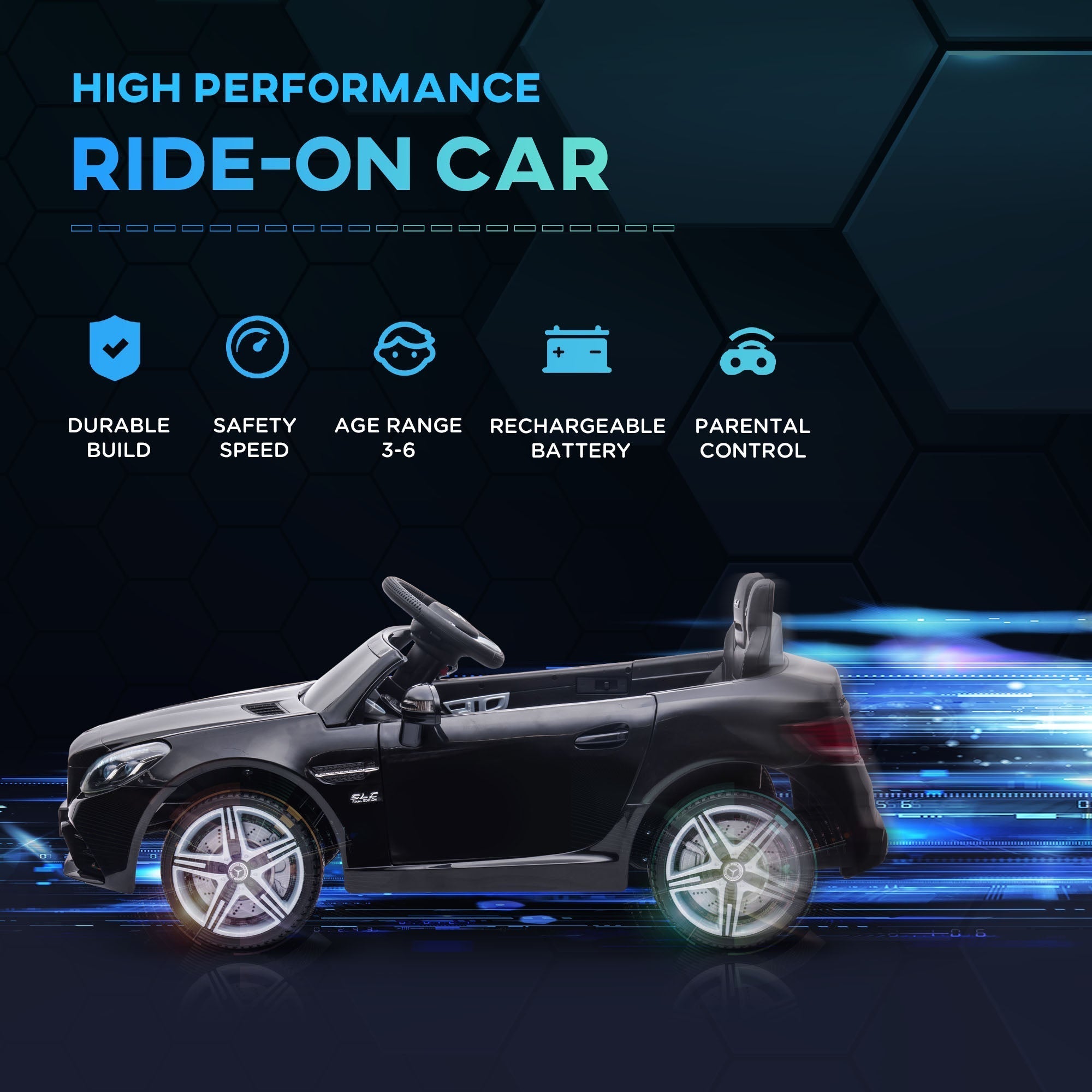 HOMCOM Benz SLC 300 Licensed 12V Kids Electric Ride On, with Music, Remote Control, LED Headlights, Horn, Black