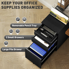 Vinsetto 3-Drawer Steel Filing Cabinet with Lock and Wheels - Black