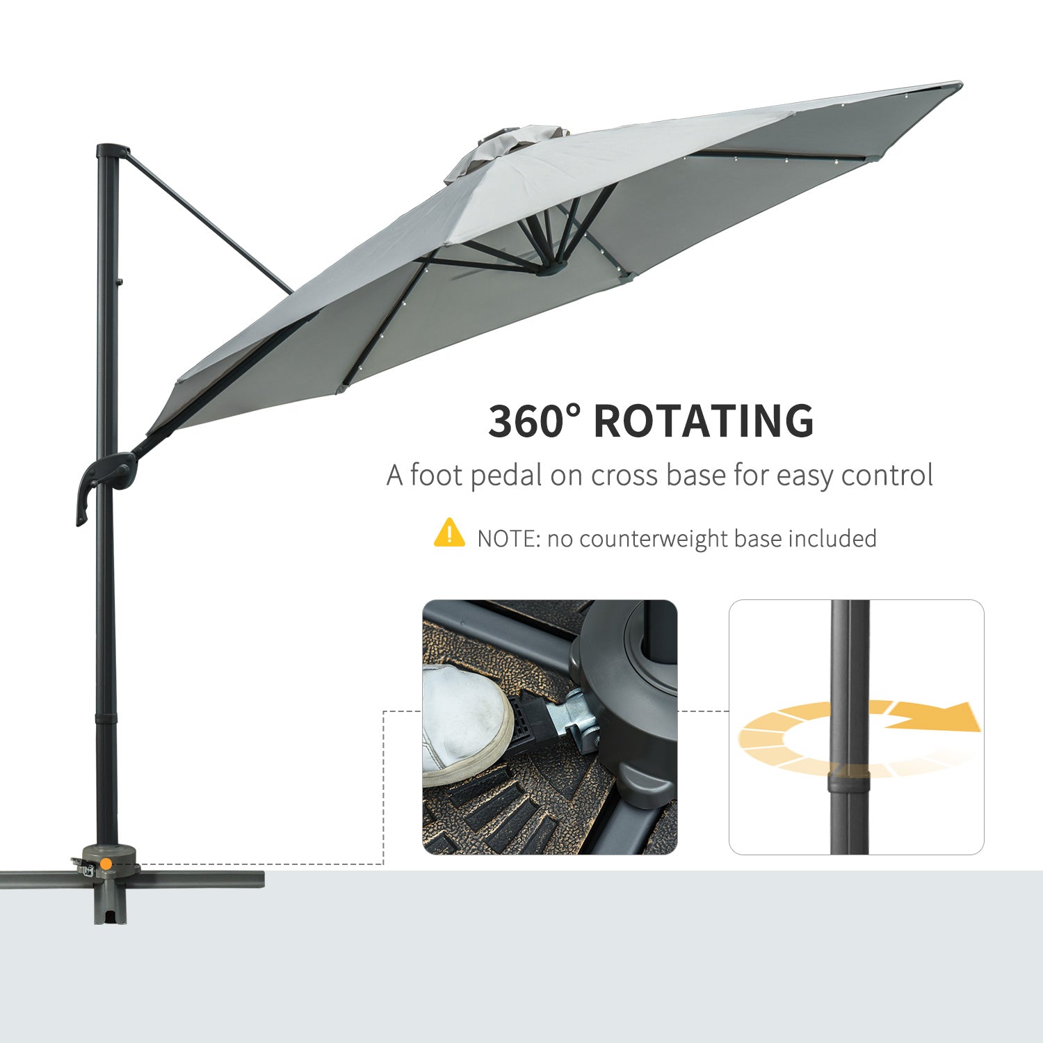 Outsunny 3(m) LED Cantilever Parasol Garden Sun Umbrella w/ Cross Base and Solar Lights Grey